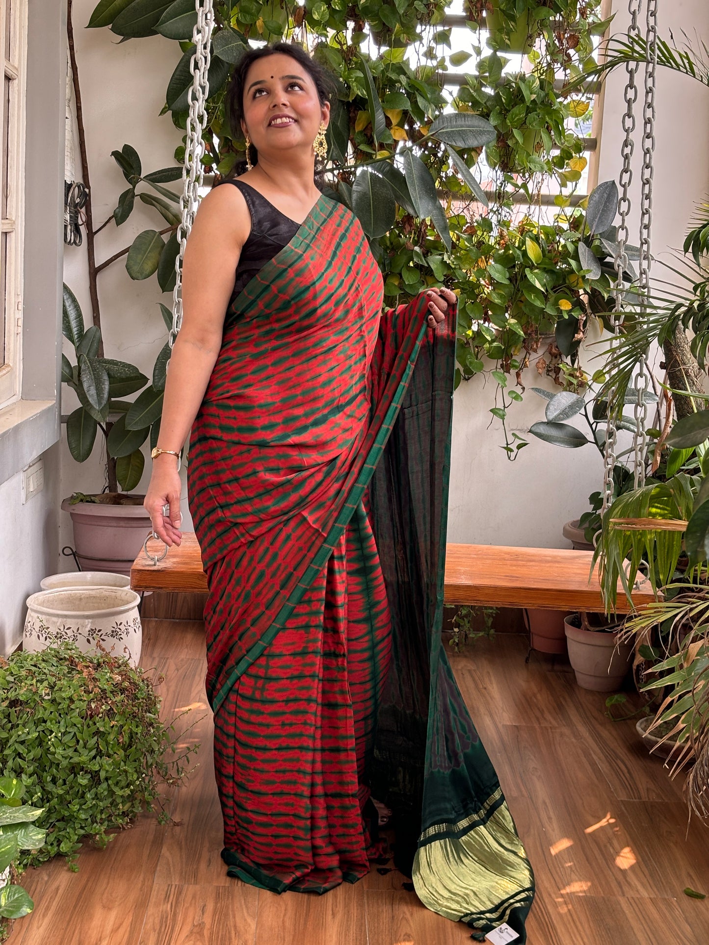 Bamboo Grass - Hand Shibori Tie and Dye Pure Modal Saree With Lakdi Patta Anchal