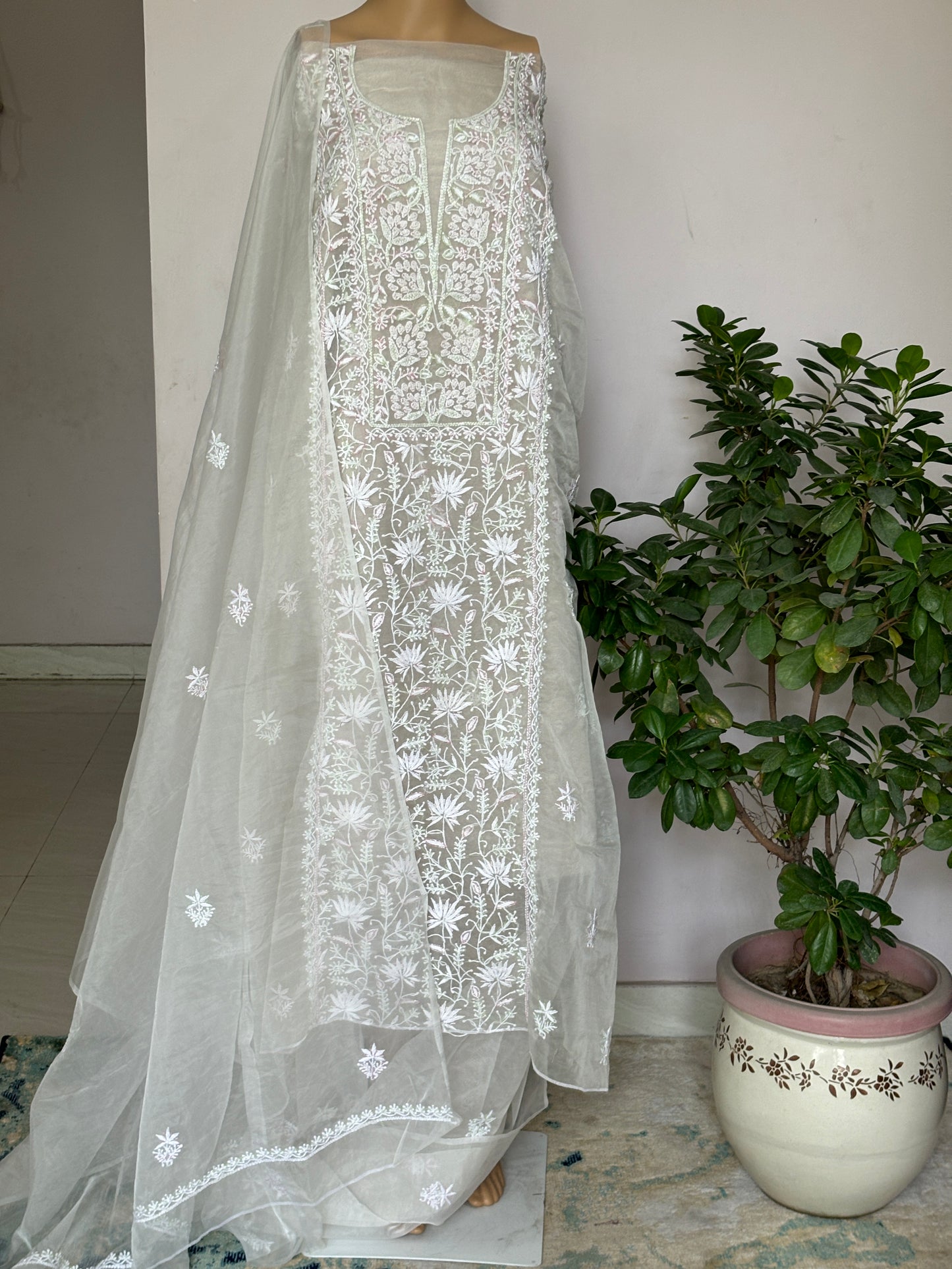Off White Chikankari Hand Embroidered Shirt with Pearl and Cutdana Work on Organza Fabric