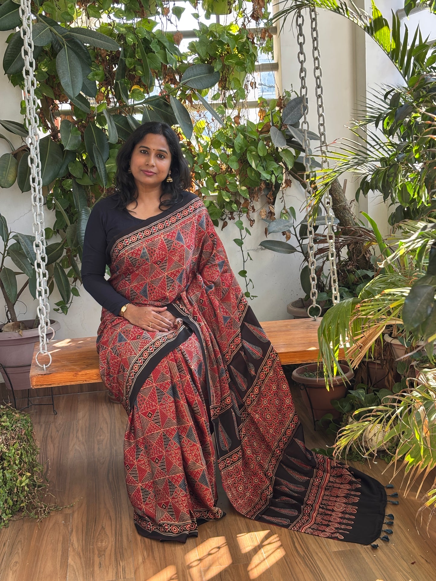 Scarlet Natural Dyed Contemporary Box Ajrakh Motif Premium Ajrakh Saree