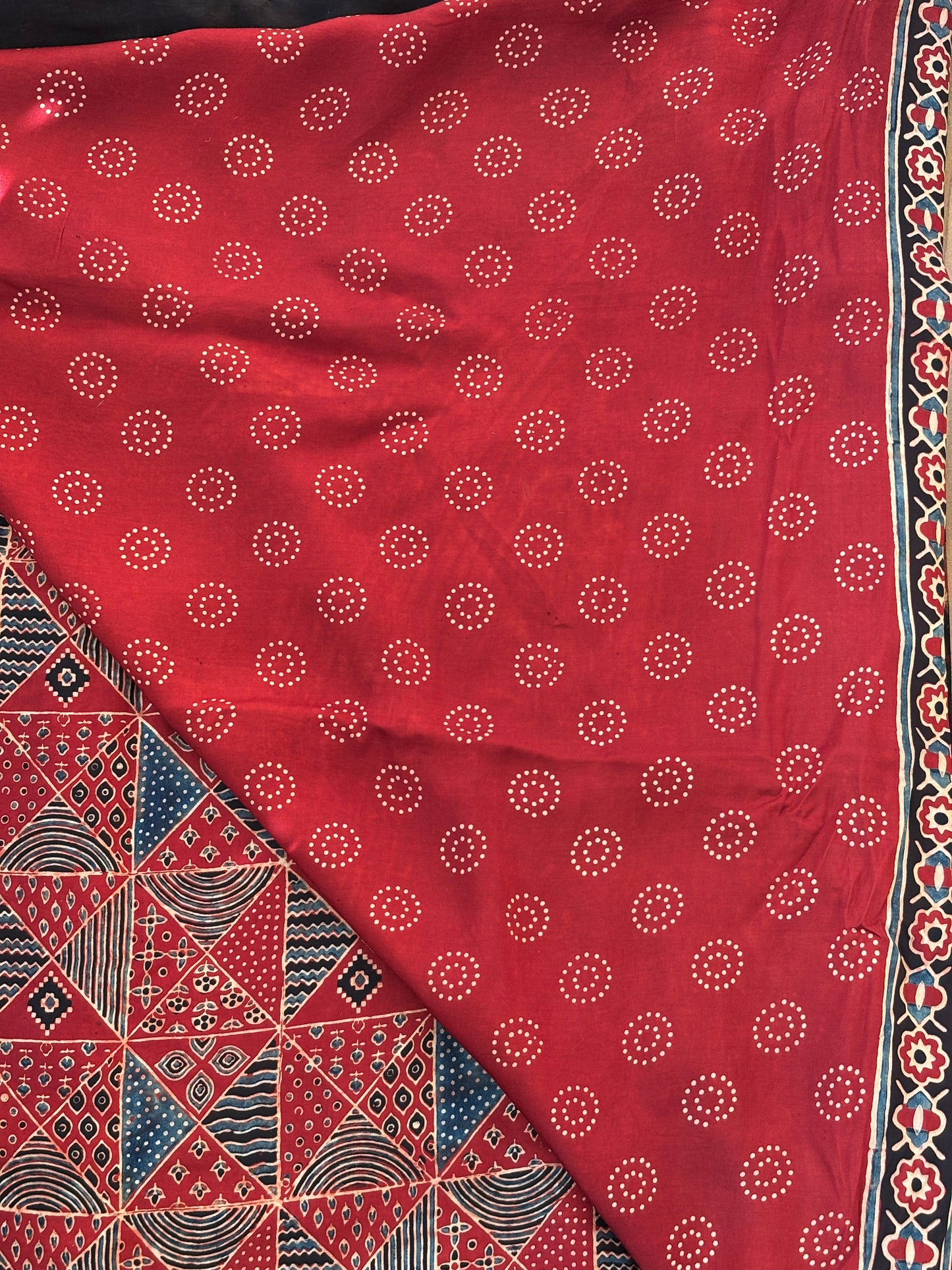 ajrakh saree, contemporary saree,blouse view.