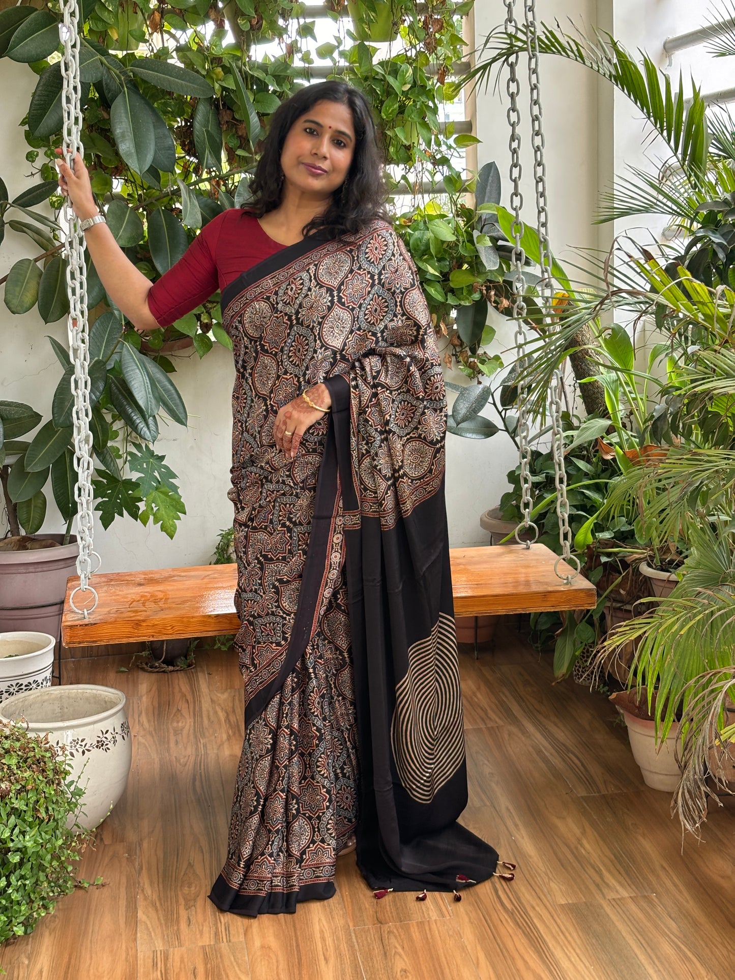 Mausam Ka Jaadu - Natural Dyed Black Colour Ajrakh Traditional Motif Saree with Contemporary Anchal