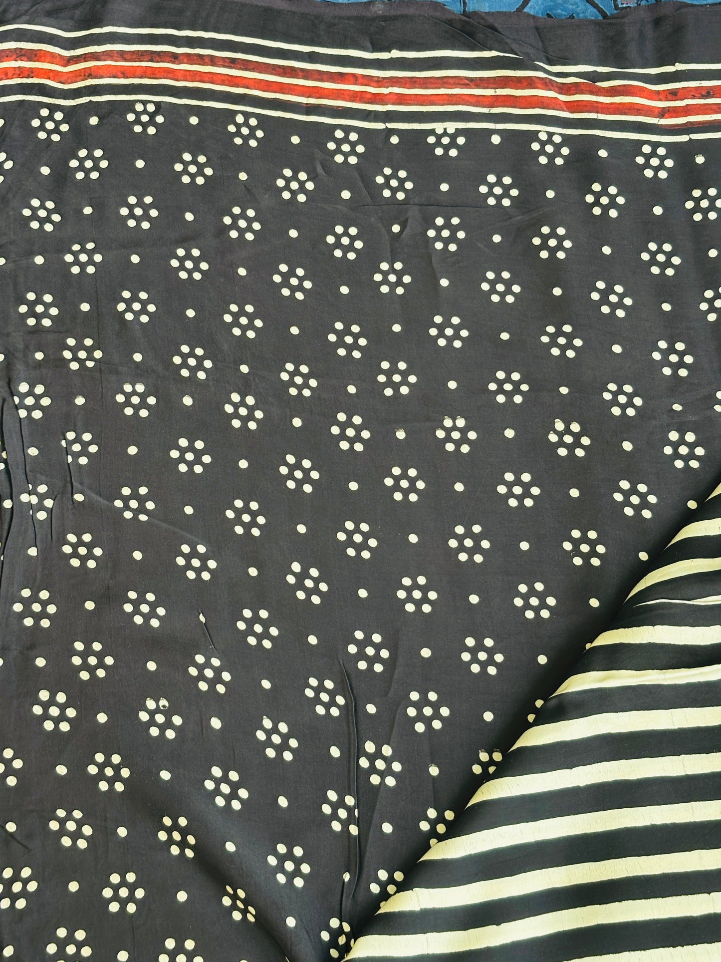 Chakori - Natural Dyed Black and Pale Ivory Stripe Ajrakh Pure Modal Saree With Traditional Motif Palla