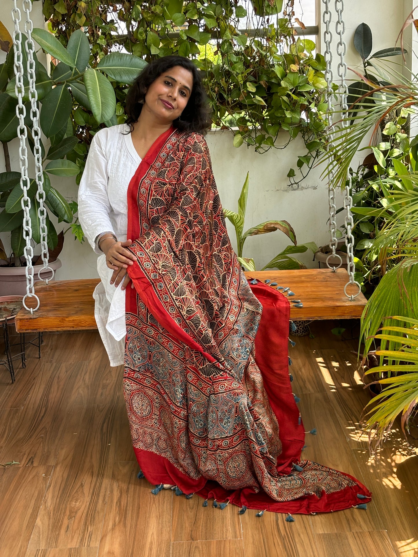 Ajrakh Modal Natural Dyed Madder Colour Contemporary Fan Motif Dupatta