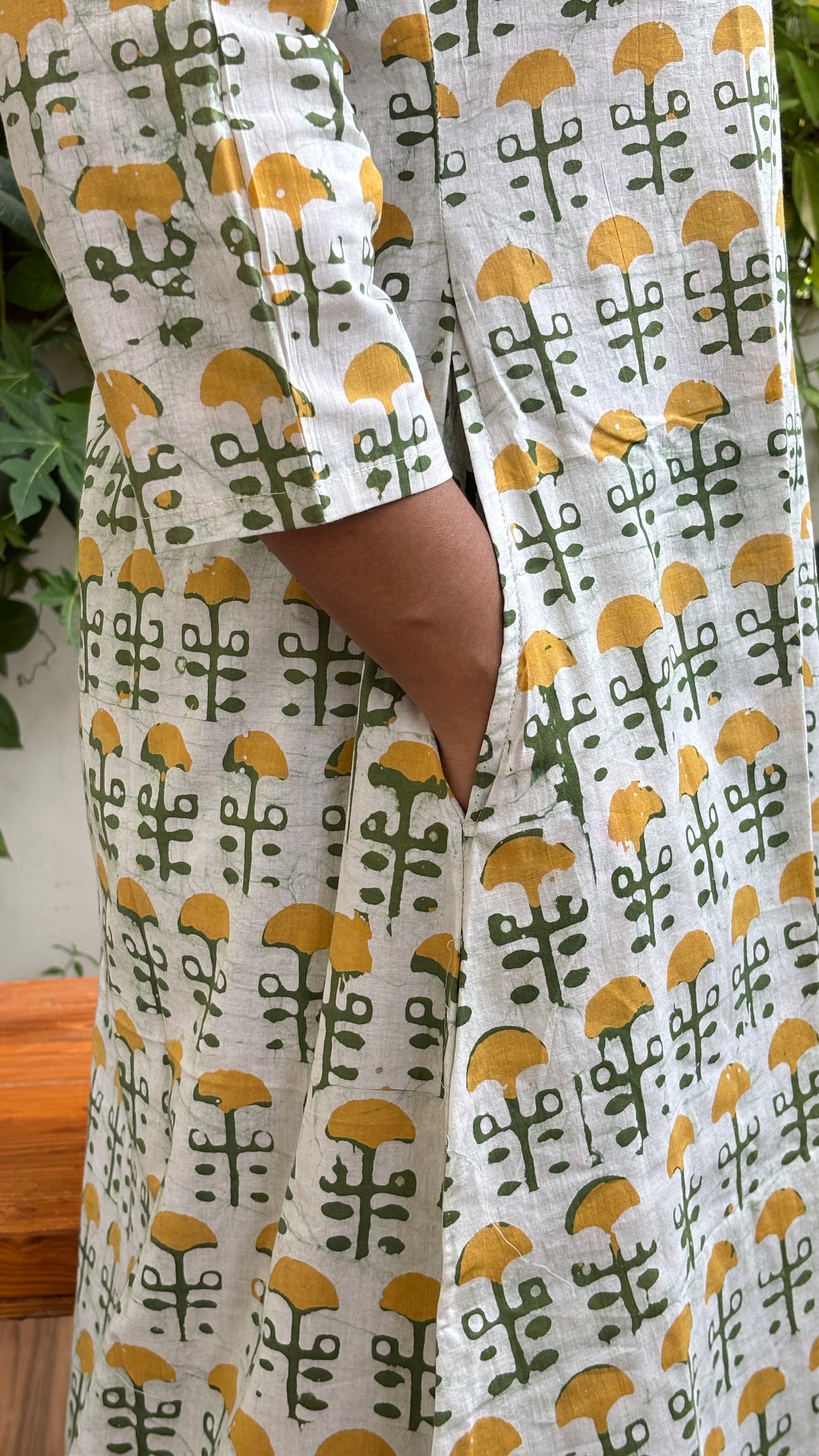 Asma Off White and Yellow Batik Cotton A Line Long Kurta