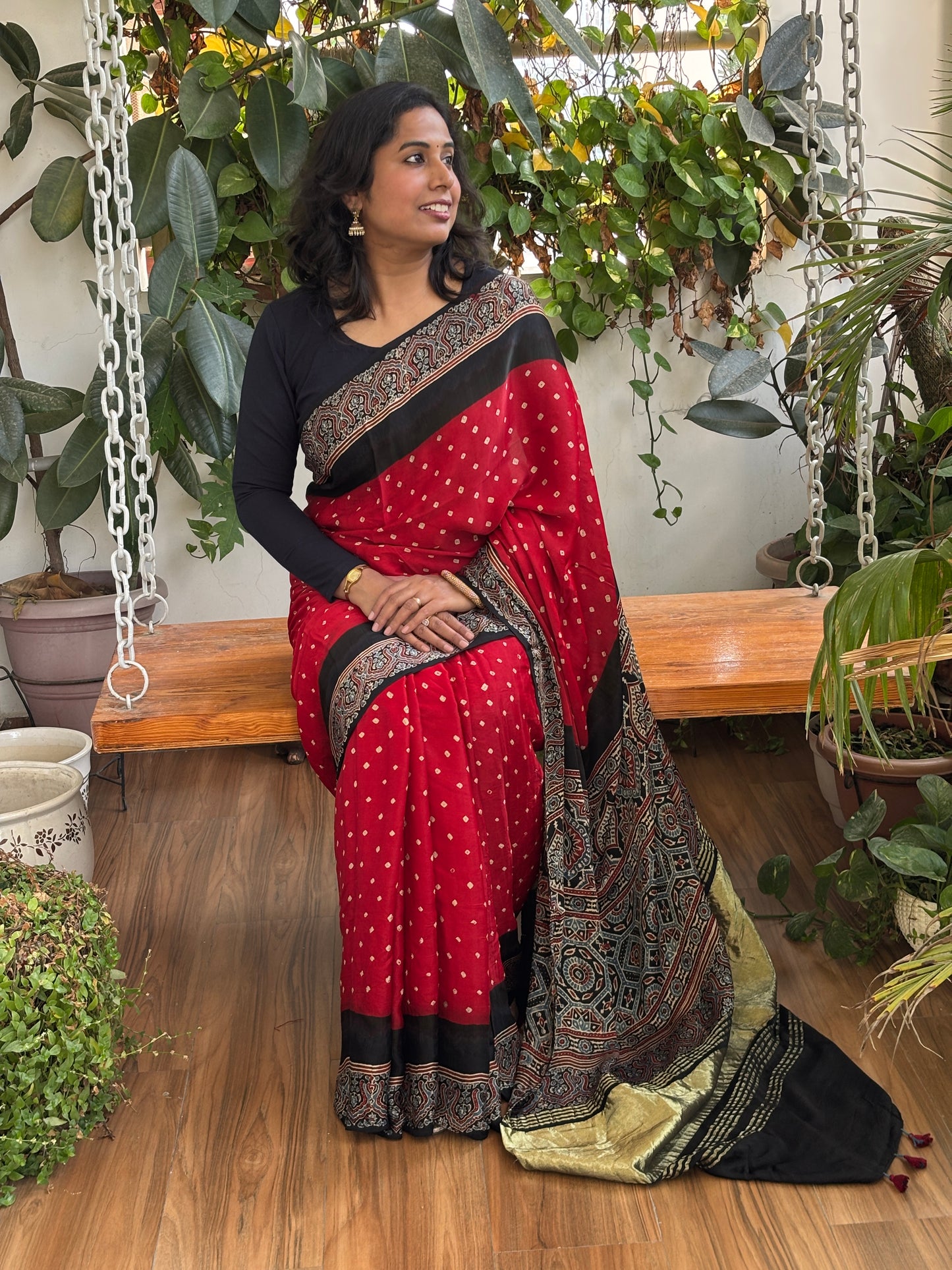 Laal Chadi - Hand Bandhej Body and Ajrakh Hand Block Anchal and Border Modal Gaji Silk Saree