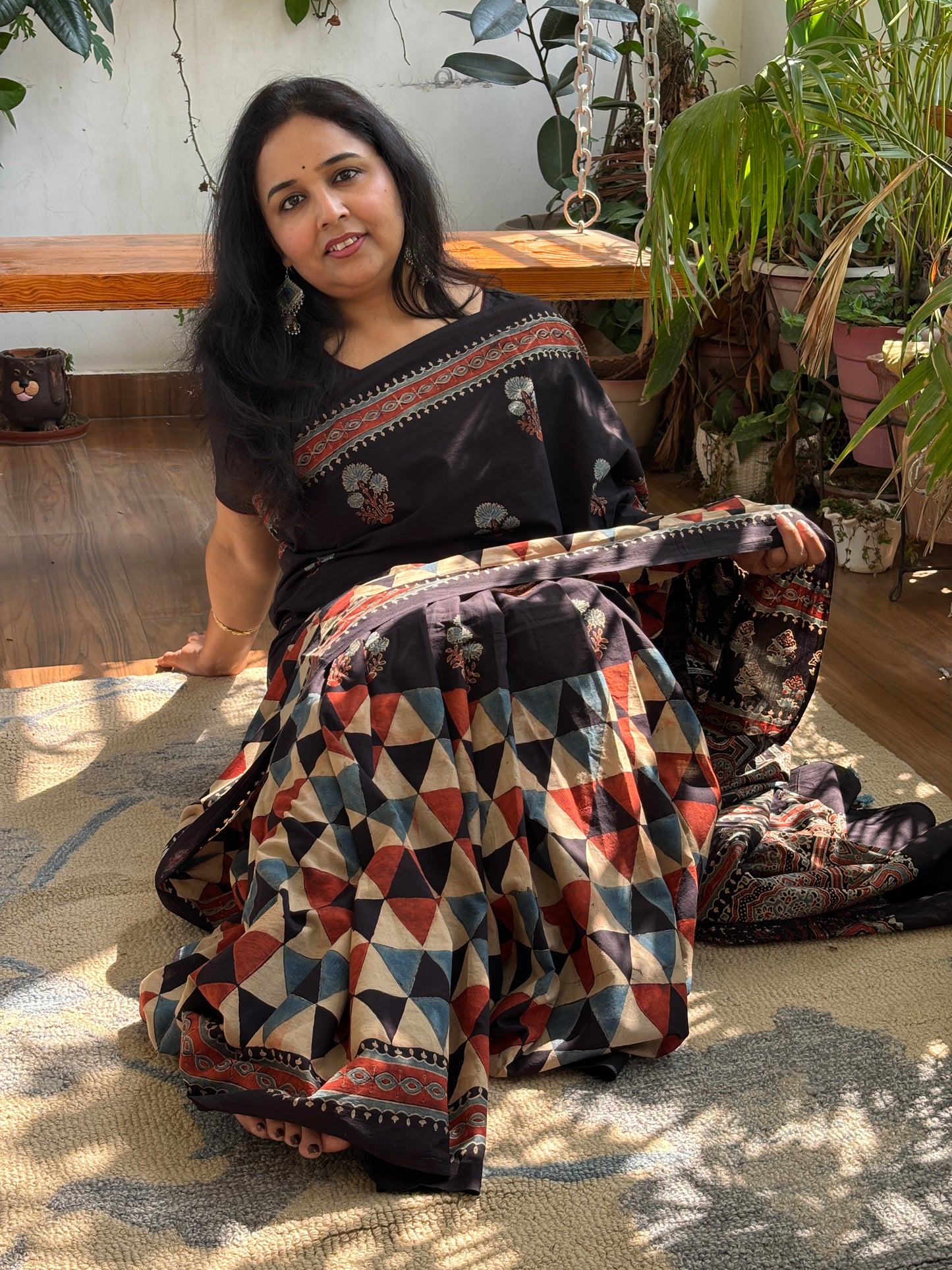 Organic Cotton Ajrakh Hand Block Printed Contemporary Saree