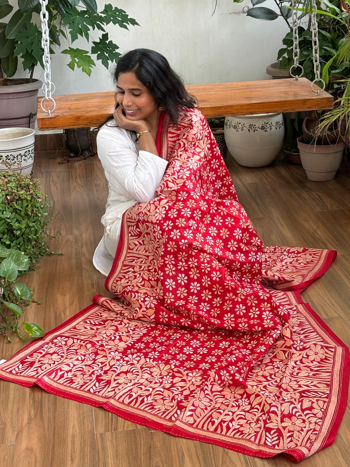 Red Colour Kantha Hand Embroidered Pure silk Dupatta