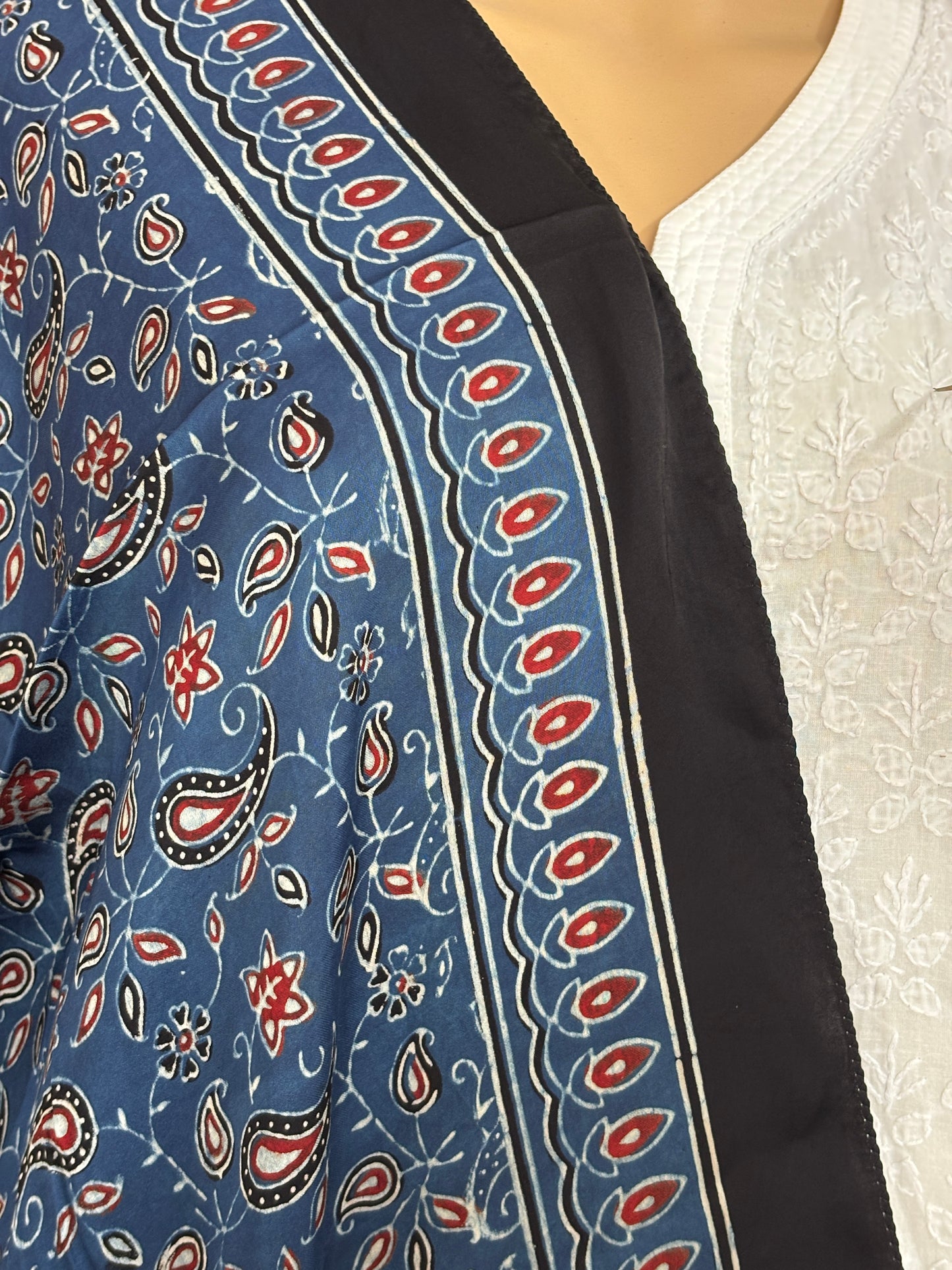 Indigo Colour Natural Dyed Ajrakh Hand Block Printed Floral Jaal Motif Modal Stole