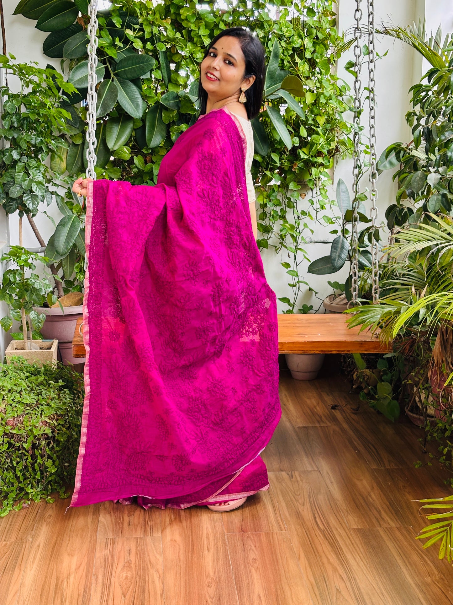 Magenta Colour Chrushed Candri Cotton Chikankari Hand Embroidered Saree