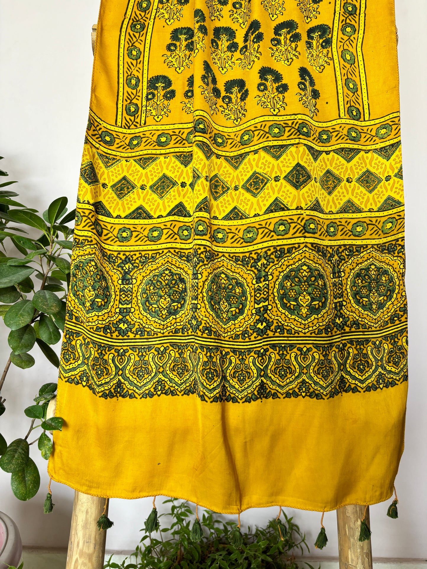 yellow marigold stole, floral motif, closer view.