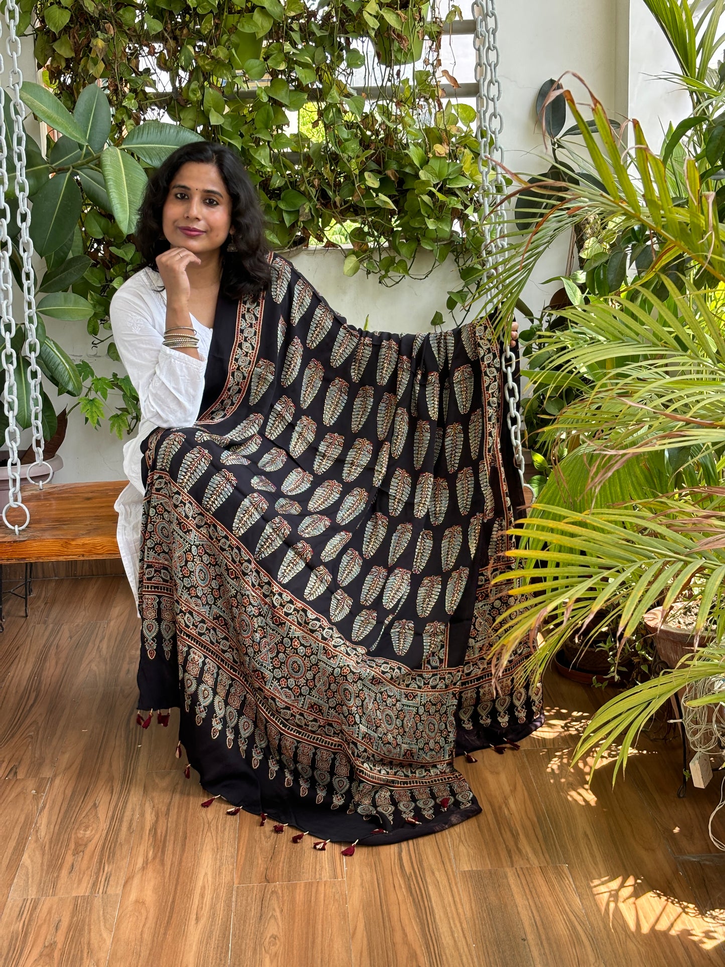 Ajrakh Natural Dyed Black Colour Ashoka Motif Dupatta