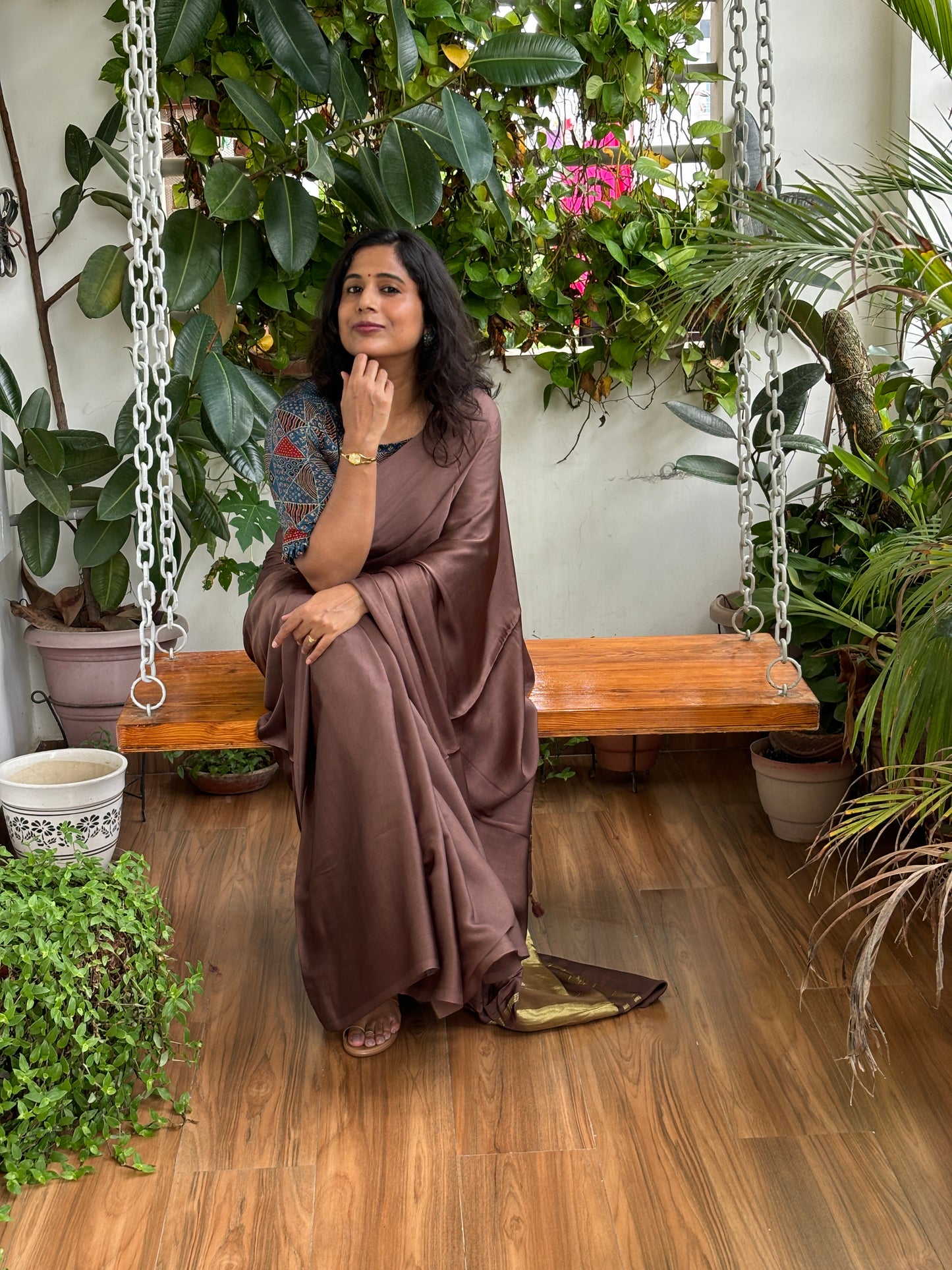 Dark Coffee Brown Colour Modal Plain Saree With Lagdi Palla