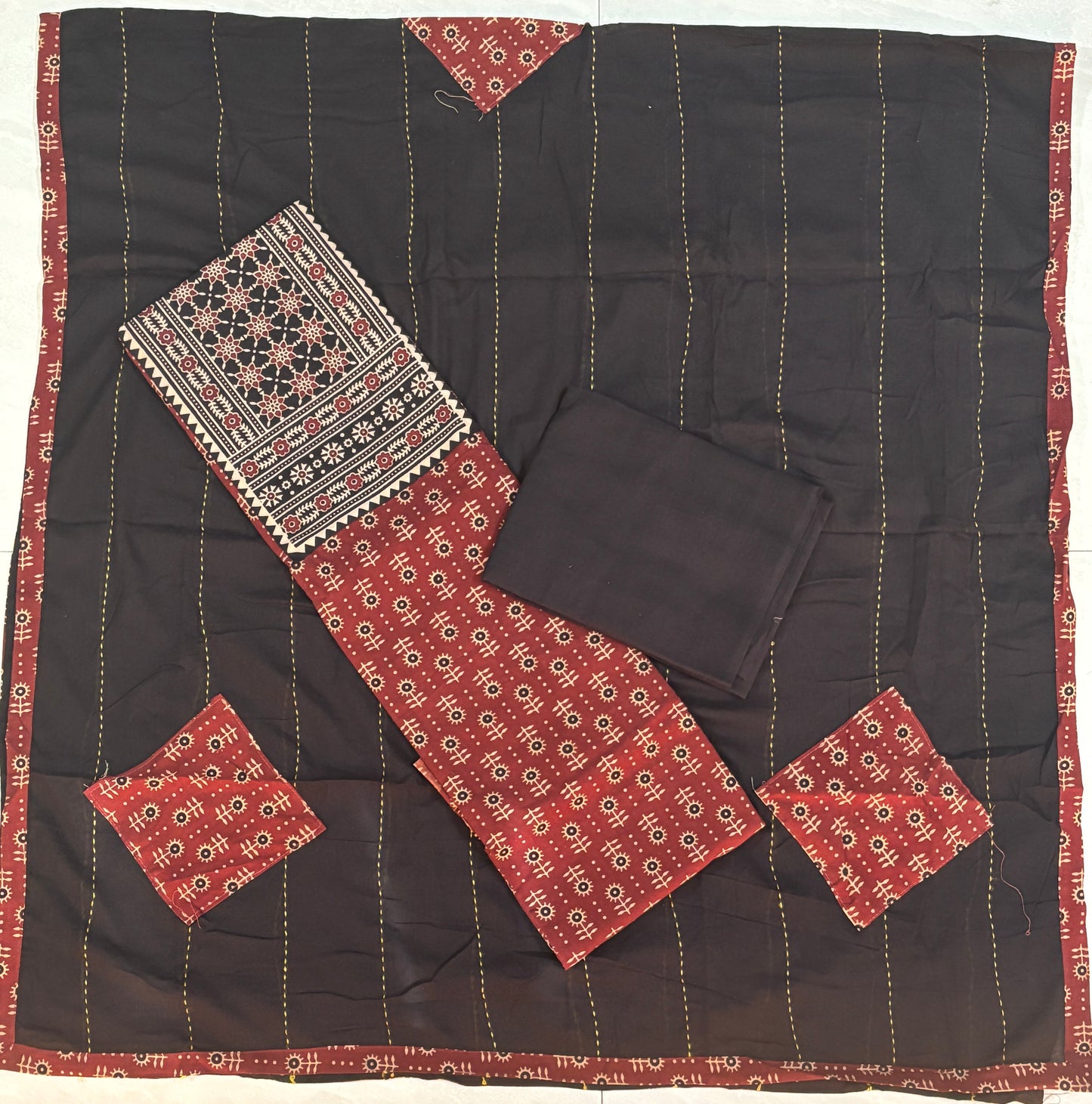 Black and Red Cotton Unstitched Patch Work Yoke Fabric with Kantha and Applique Dupatta front view