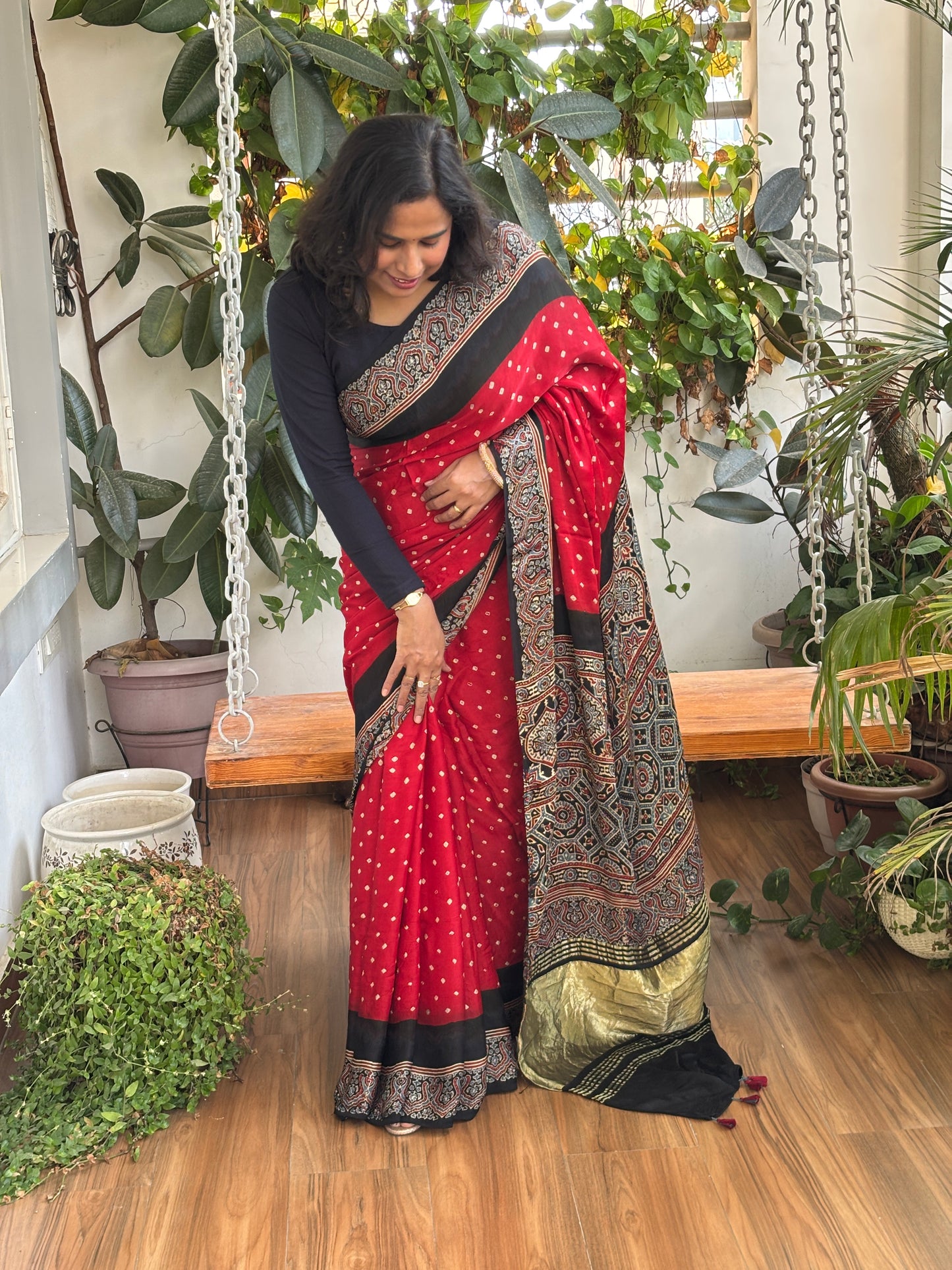 Laal Chadi - Hand Bandhej Body and Ajrakh Hand Block Anchal and Border Modal Gaji Silk Saree