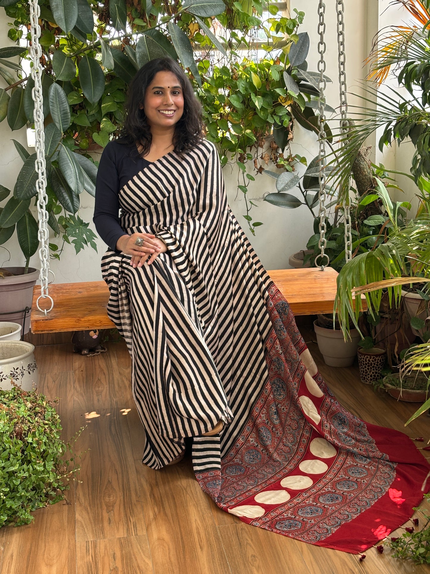 Raah Me Unse - Natural Dyed Madder and Pale Ivory Colour Contemporary Stripe Modal Saree