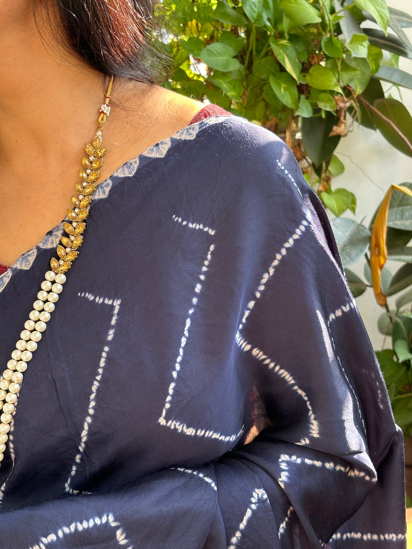 Navy Blue Love - Needle Shibori Tie and Dye Pure Modal Saree With Ajrakh Hand Block Anchal and Blouse