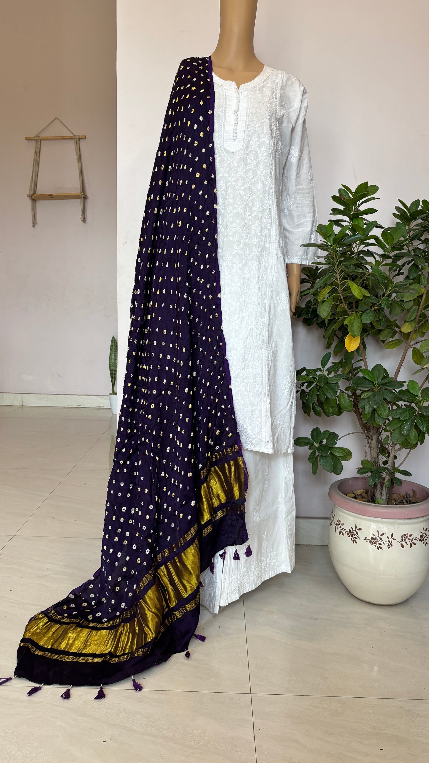 Modal Dark Purple Dupatta with Bandhej and Tissue Palla