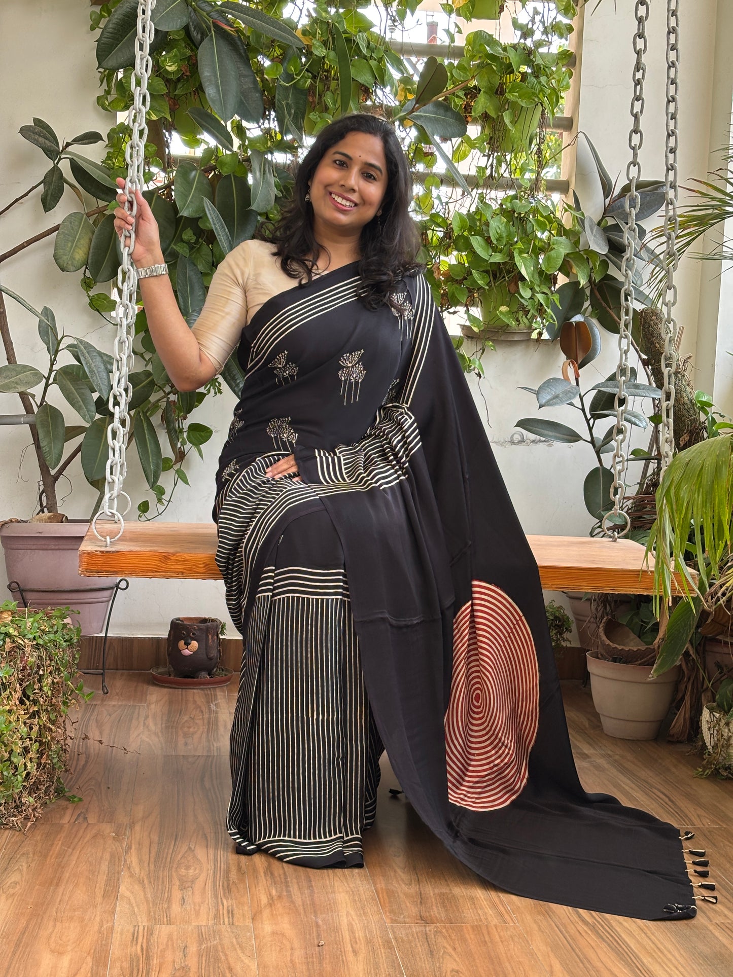 Baton Baton Mein - Natural Dyed Black Colour Contemporary Ajrakh Modal Saree