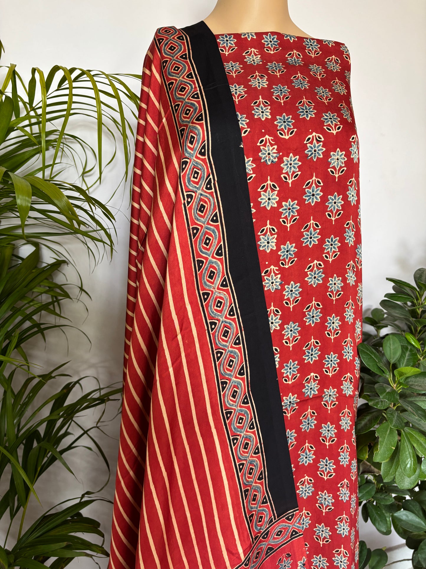 Natural dyed ajrakh modal 3 piece suit fabric closer view