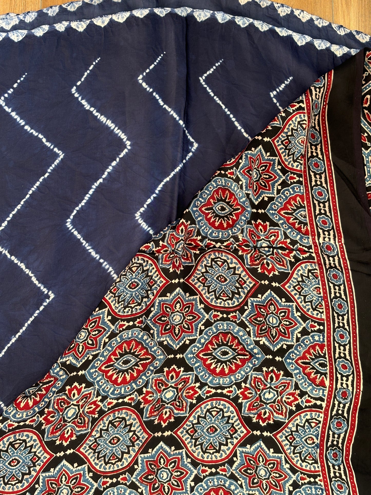 Navy Blue Love - Needle Shibori Tie and Dye Pure Modal Saree With Ajrakh Hand Block Anchal and Blouse