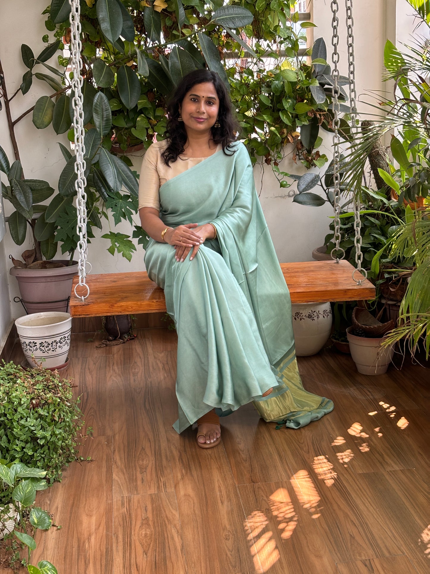 Sea Green Colour Modal Plain Saree With Lagdi Palla