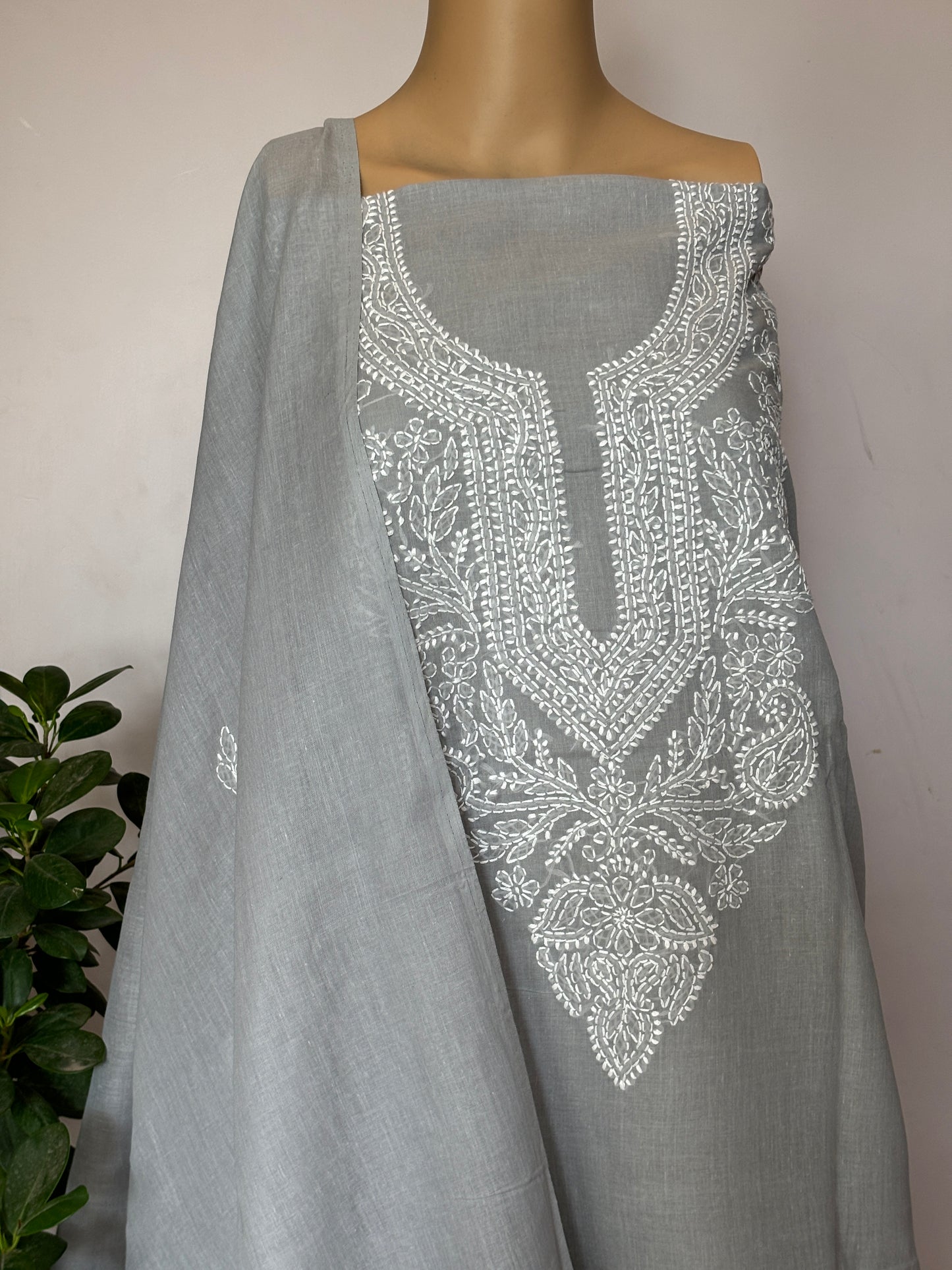Light Grey Pink Chikankari Hand Embroidered Shirt, Bottom and Dupatta Fabric in Cotton
