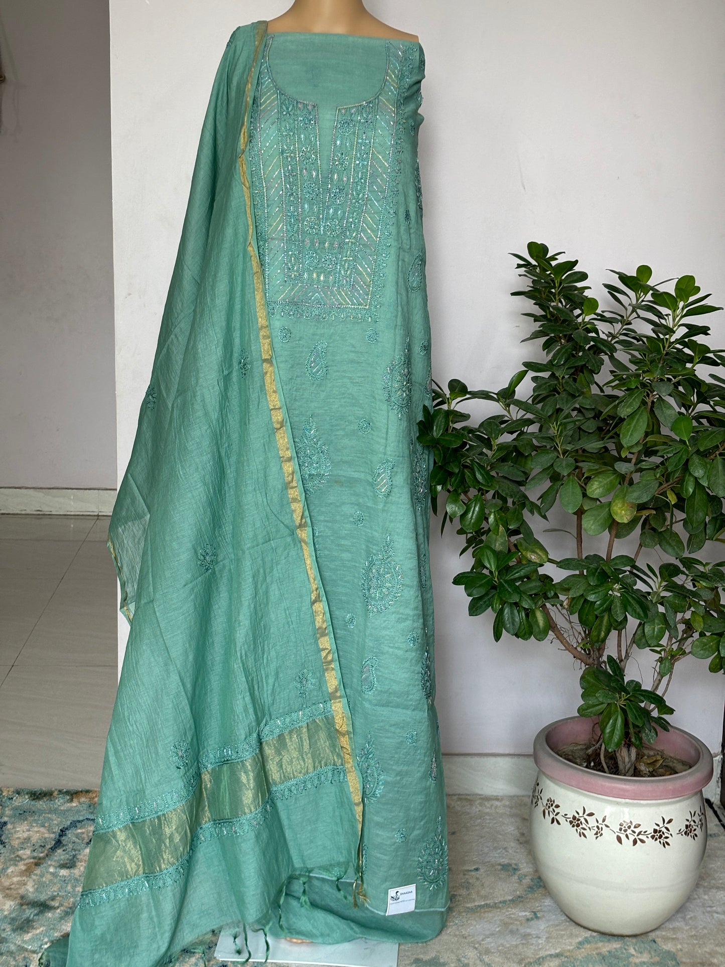 Chikankari Hand Embroidered Shirt with Cutdana Work on Premium Mul Chanderi Fabric