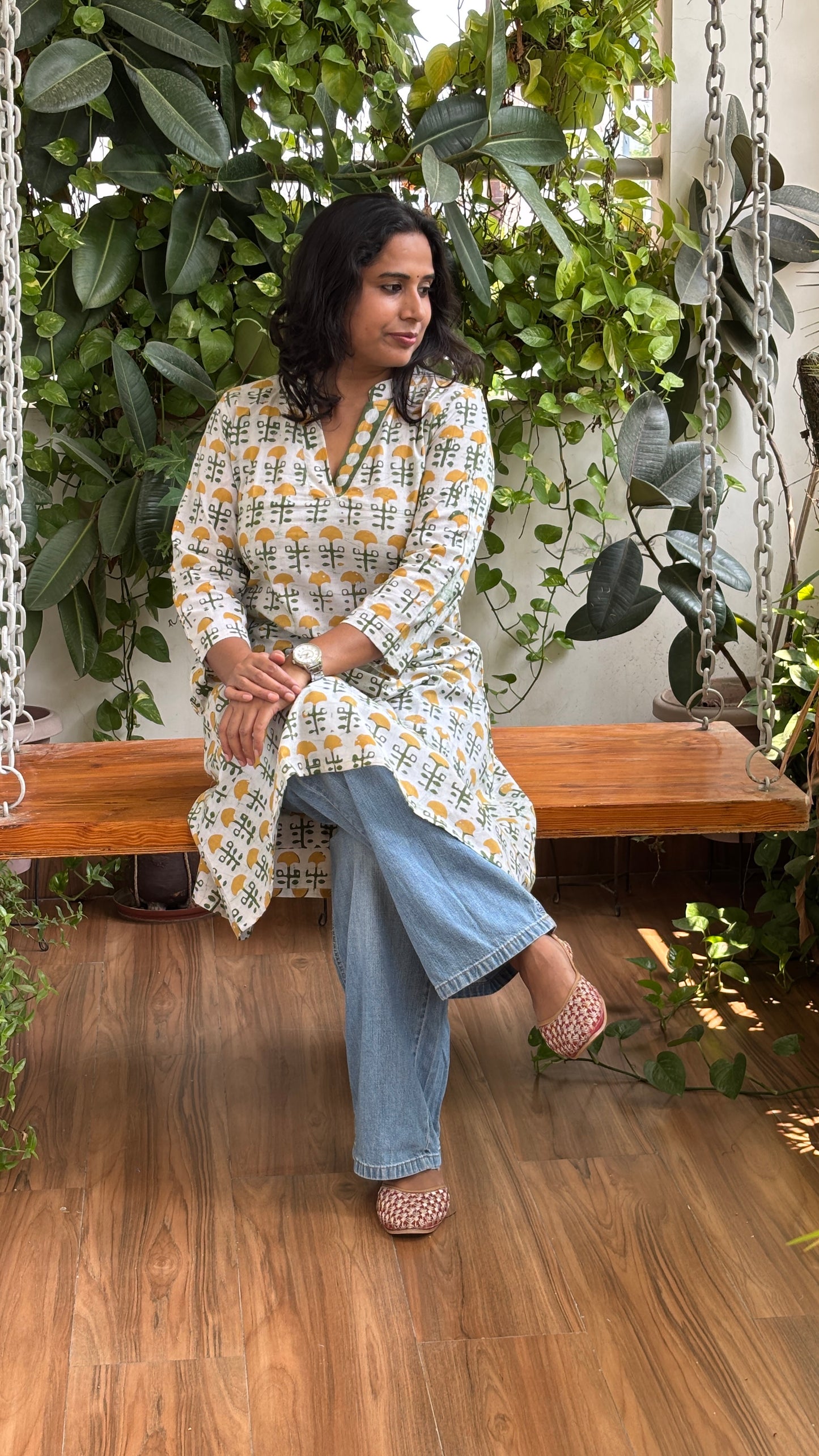 Asma Off White and Yellow Batik Cotton A Line Long Kurta