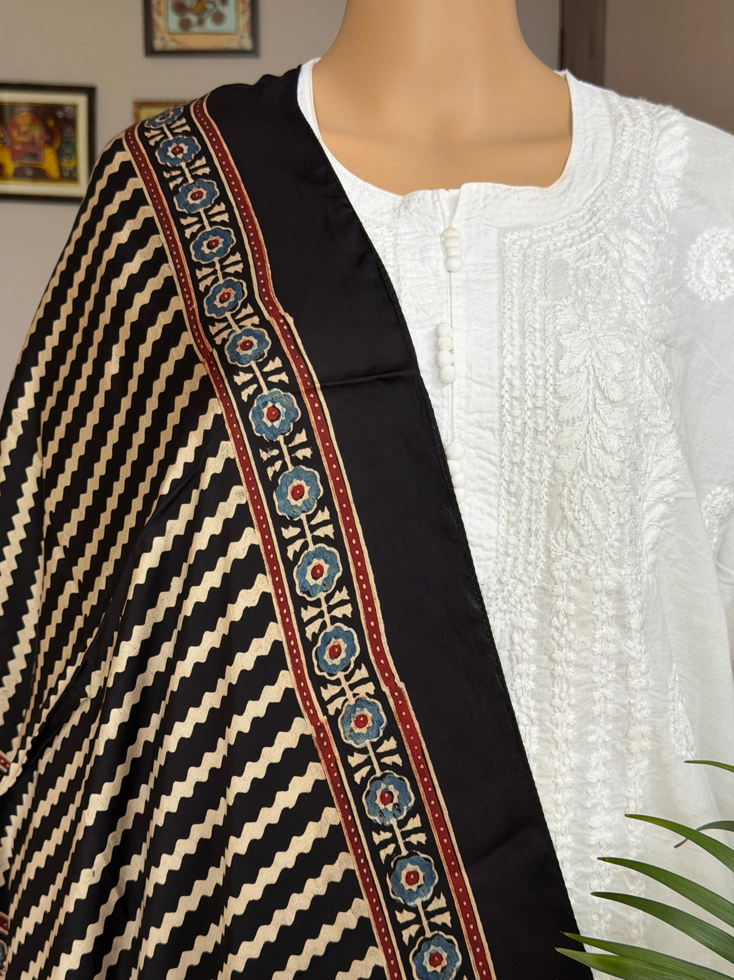 Black and Pale Ivory Stripe Natural Dyed Ajrakh Hand Block Printed Modal Stole