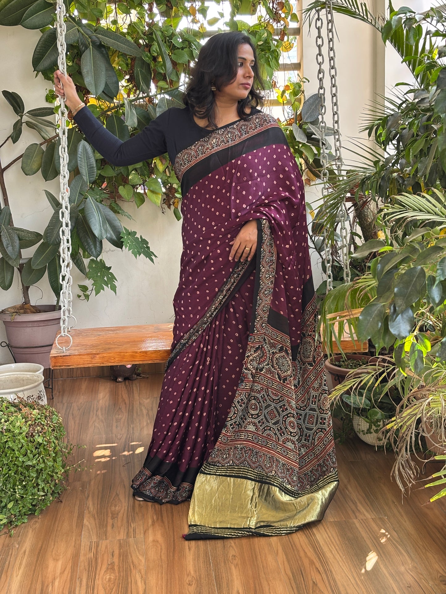 Ankahi - Hand Bandhej Body and Ajrakh Hand Block Anchal and Border Modal Gaji Silk Saree