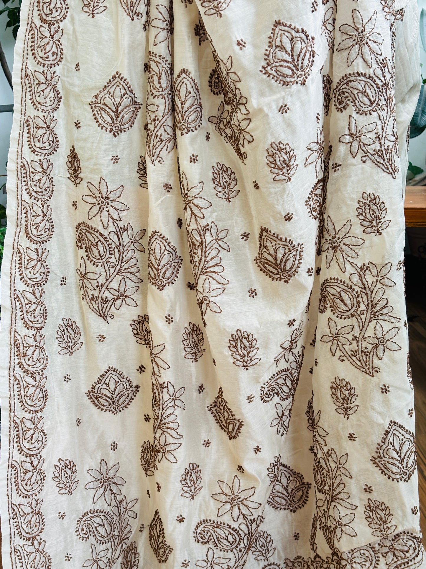 Pale Ivory Light Chrushed Candri Cotton Chikankari Hand Embroidered Saree