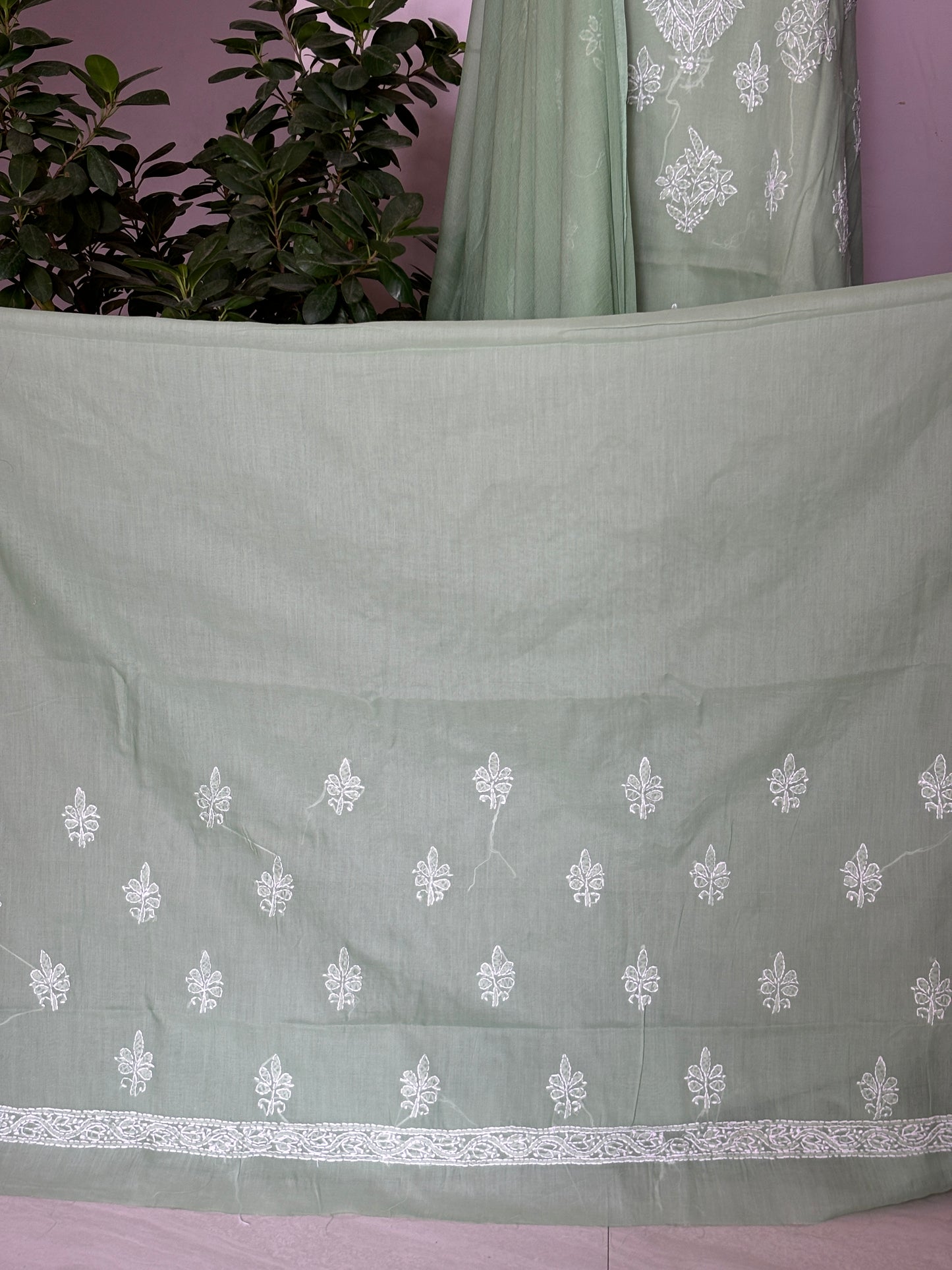 Pista Green Chikankari Hand Embroidered Shirt and Bottom with Chiffon Dupatta