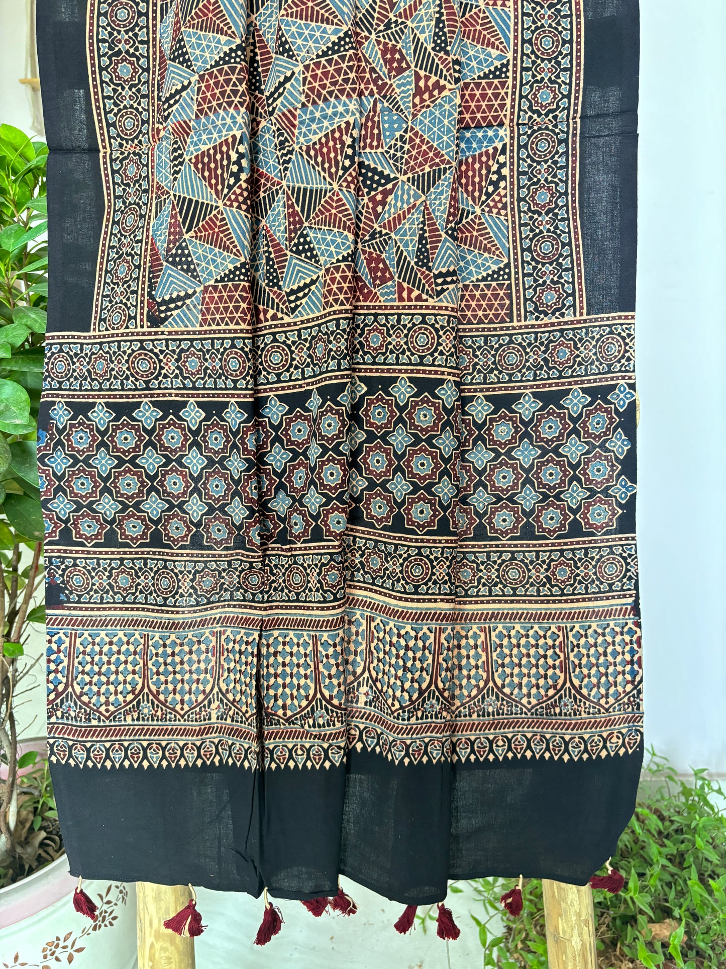 Ajrakh Cotton Dupatta- Natural Dyed Black Triangular Motif Contemporary Dupatta
