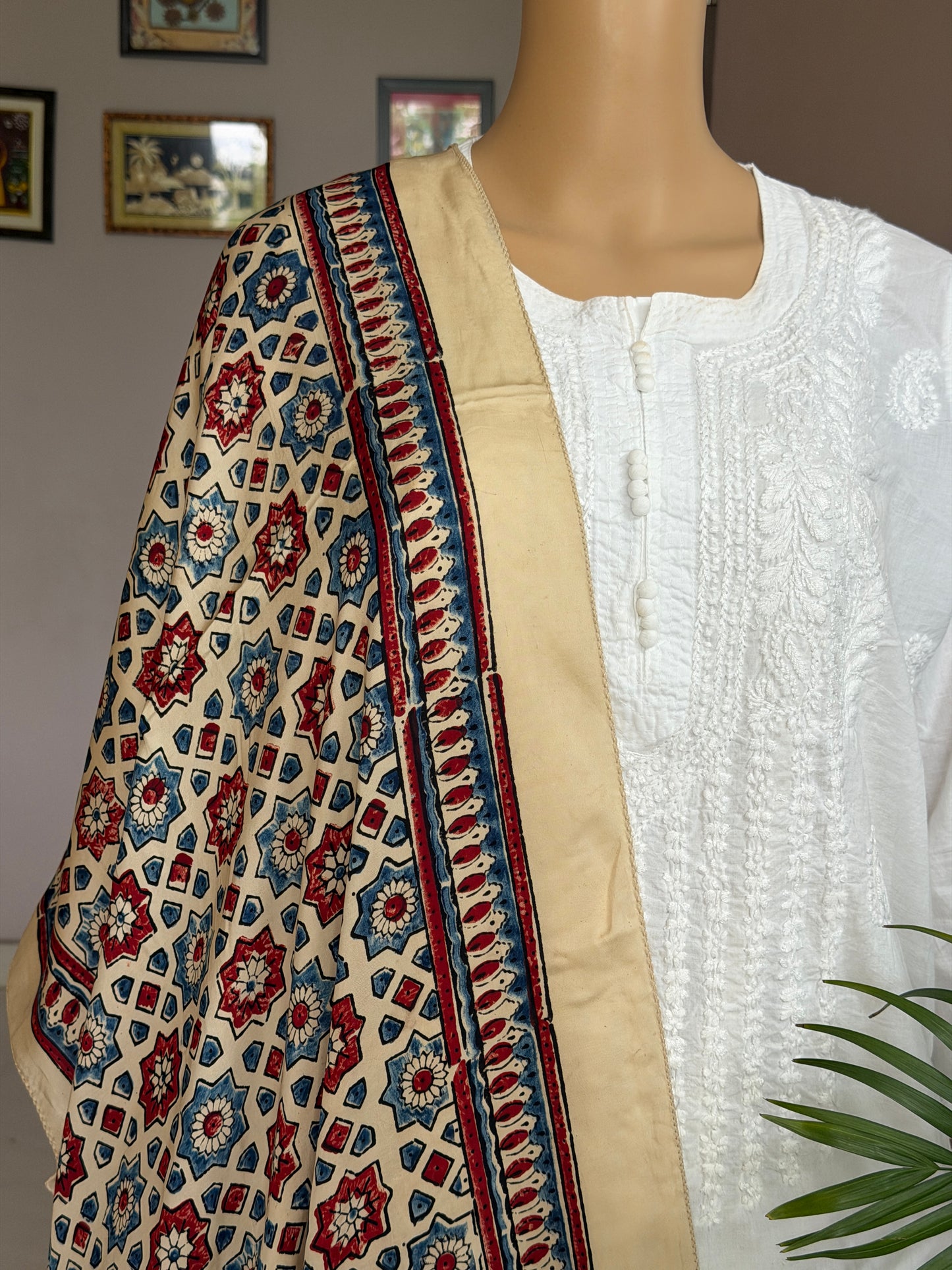 Pale Ivory Natural Dyed Ajrakh Hand Block Printed Modal Stole