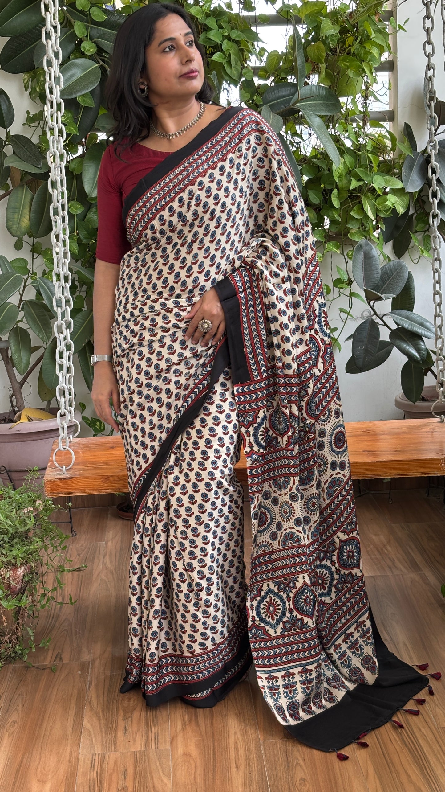 Aayat - Natural Dyed Pale Ivory Colour Ajrakh Hand Block Printed Modal Saree