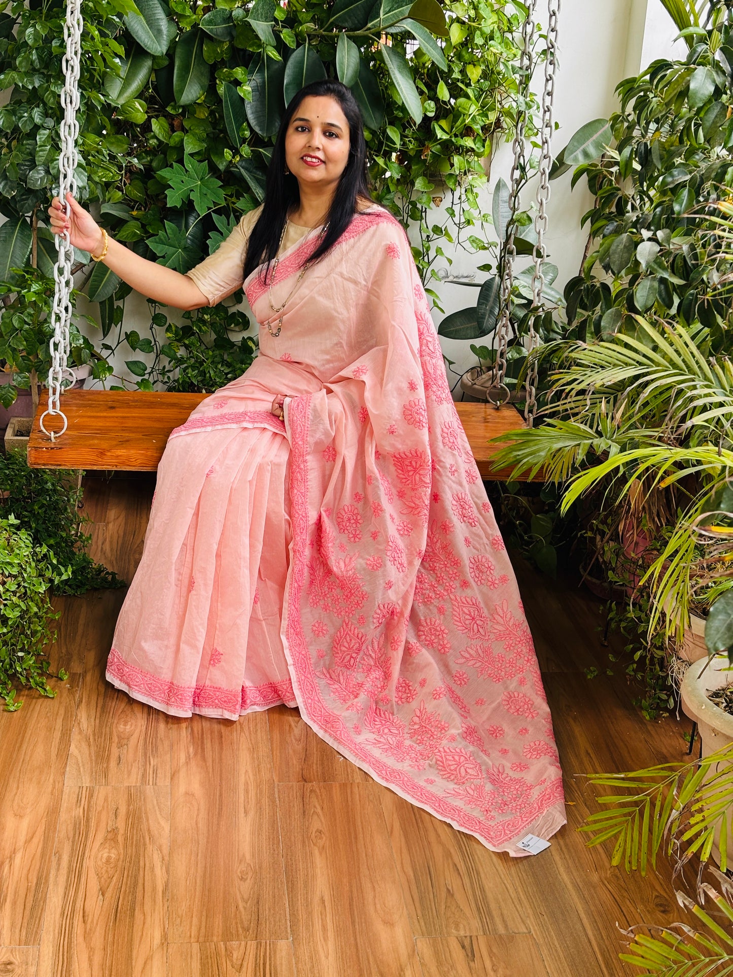 Pink Light Chrushed Candri Cotton Chikankari Hand Embroidered Saree
