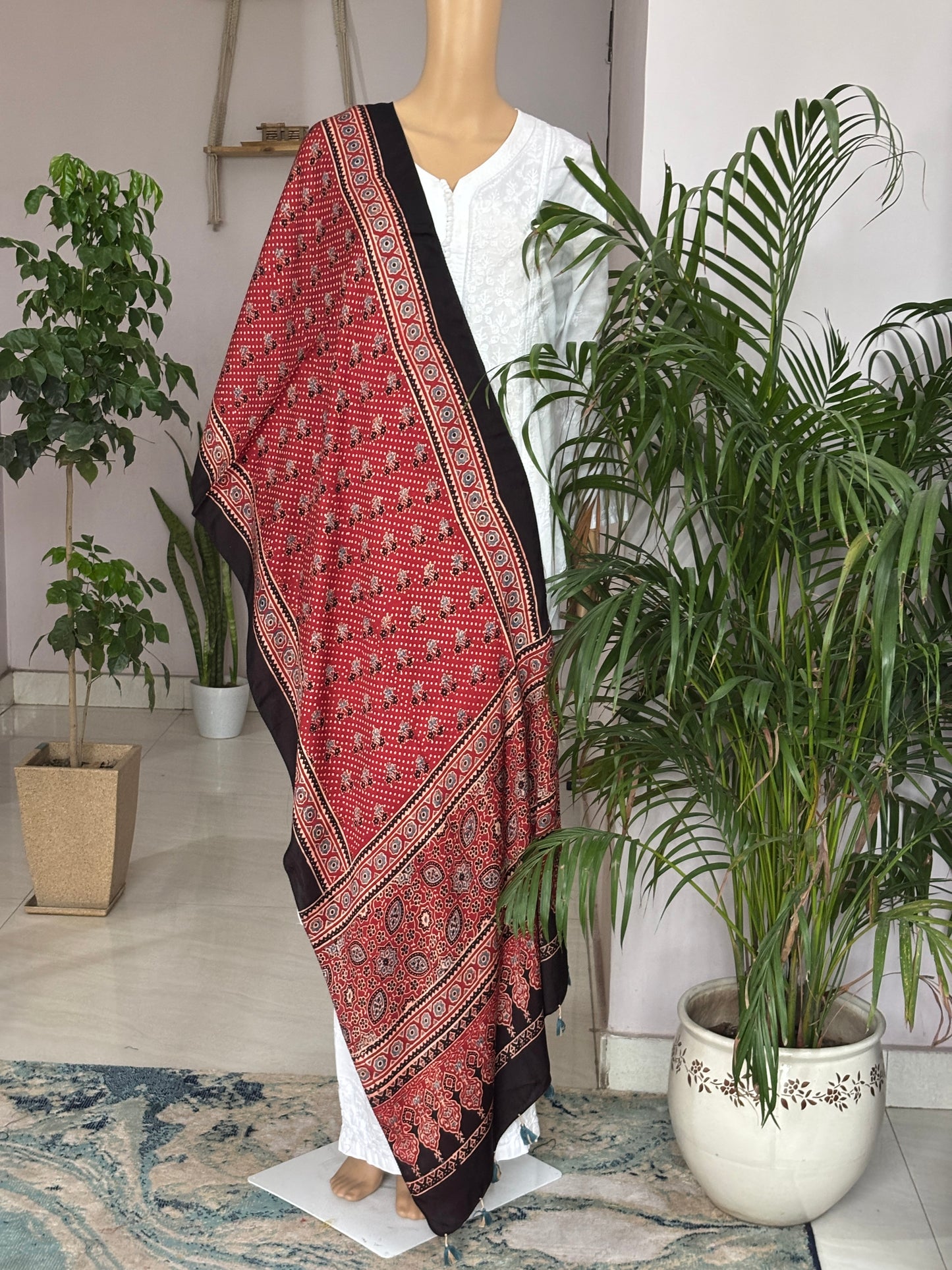 Bindi Madder Colour Ajrakh Small Motif Modal Stole