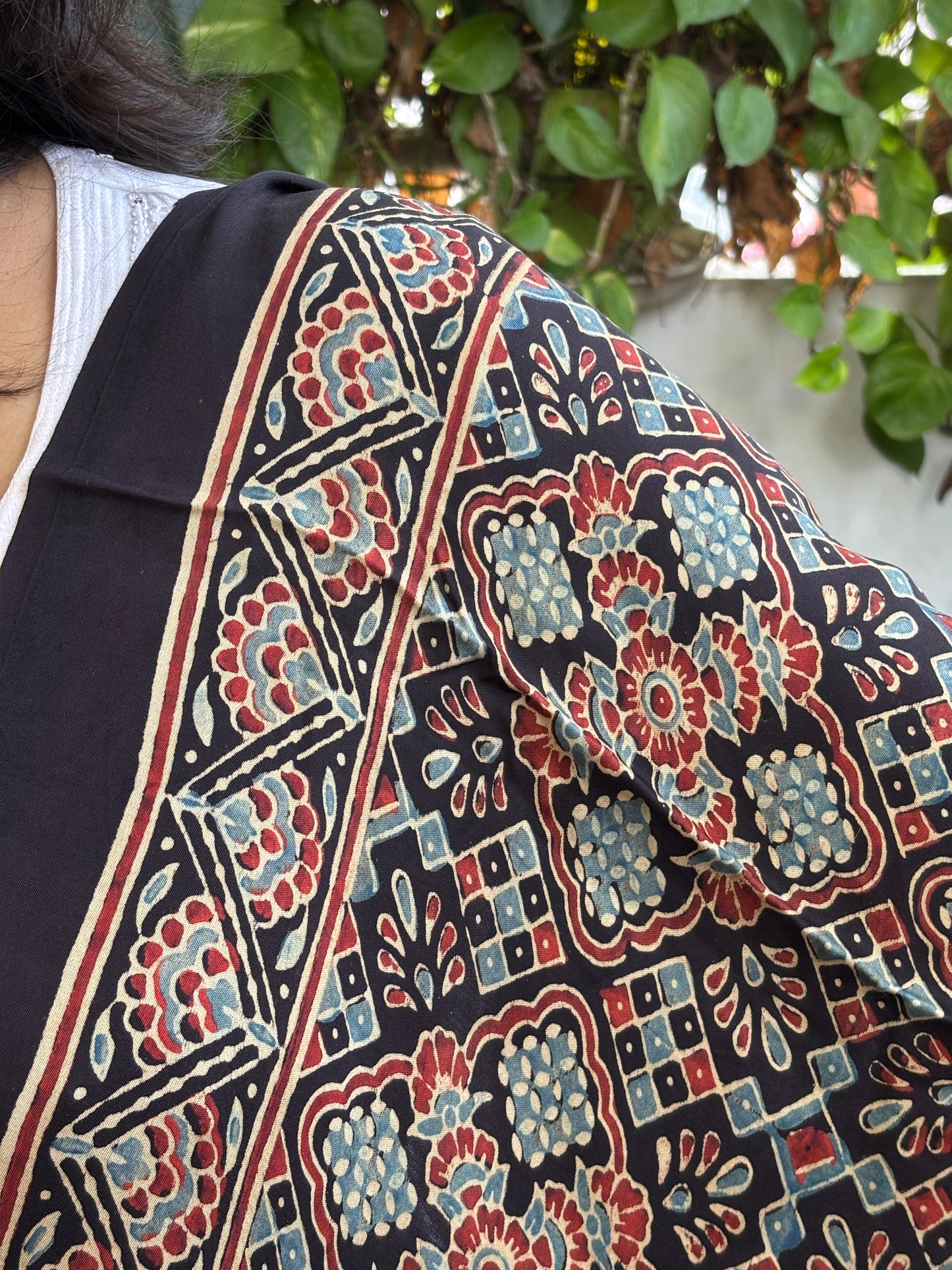 Ajrakh Hand Block Printed Black Colour Square Floral Motif Dupatta