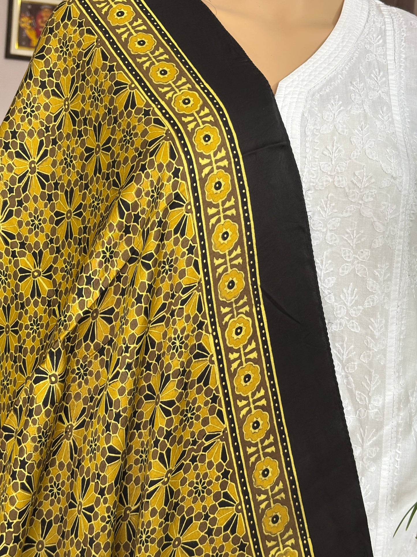 Earthen Yellowish Brown Natural Dyed Ajrakh Hand Block Printed Bel Buta Motif Modal Stole