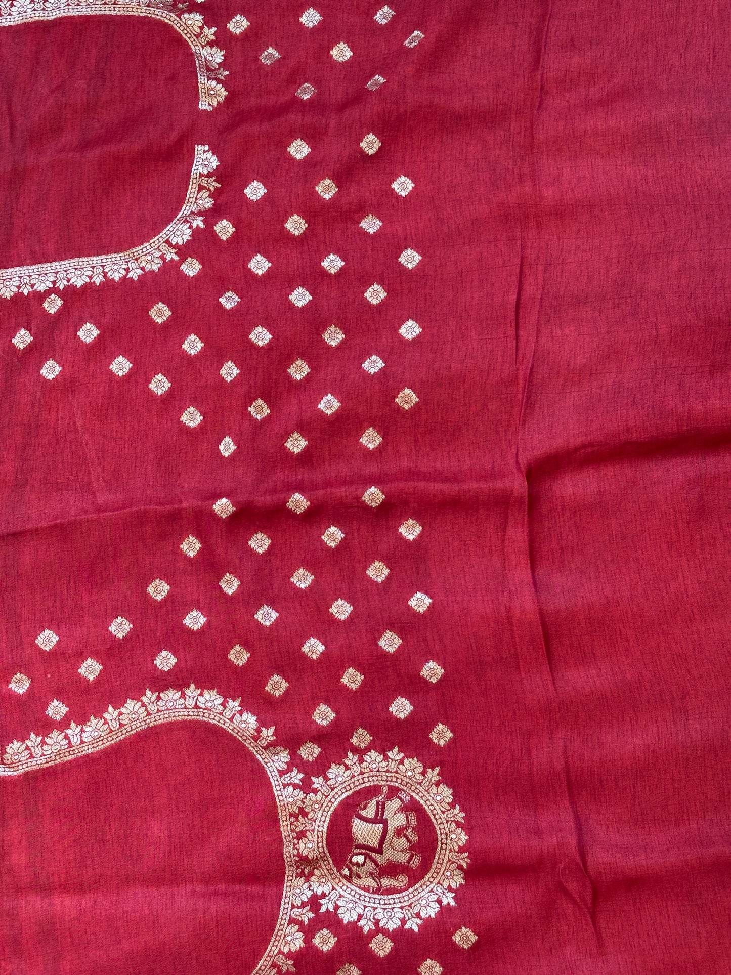 Lal Pankhudi - Madder Colour Natural Dyed Small Floral Motif Ajrakh Hand Block Printed Dola Silk Saree