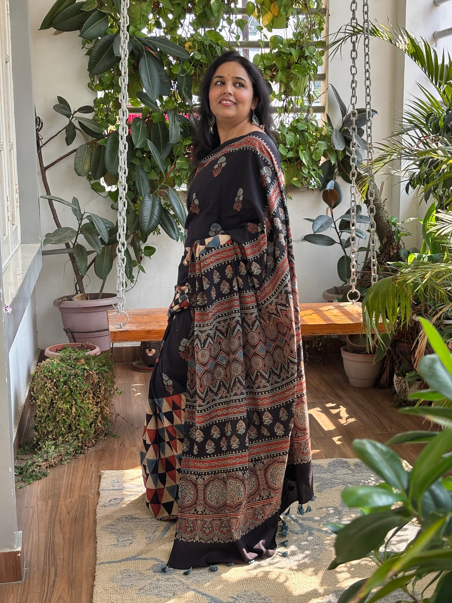 Organic Cotton Ajrakh Hand Block Printed Contemporary Saree