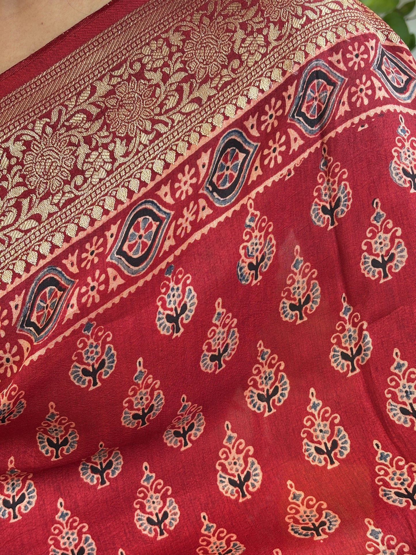 Lal Pankhudi - Madder Colour Natural Dyed Small Floral Motif Ajrakh Hand Block Printed Dola Silk Saree