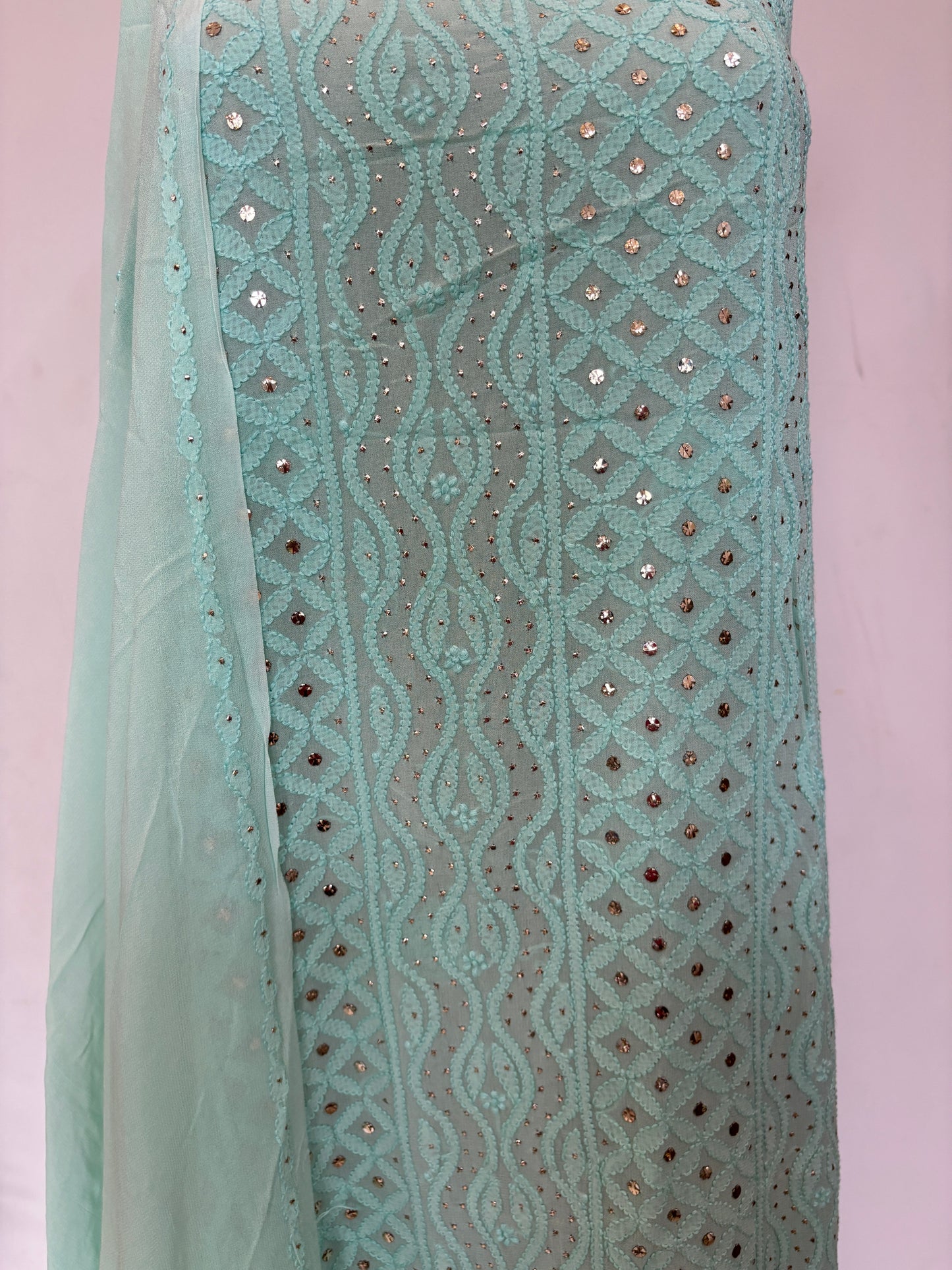 Sea Green Intricate Chikankari Hand Embroidered Shirt and Dupatta Fabric Adorned With Mukaish