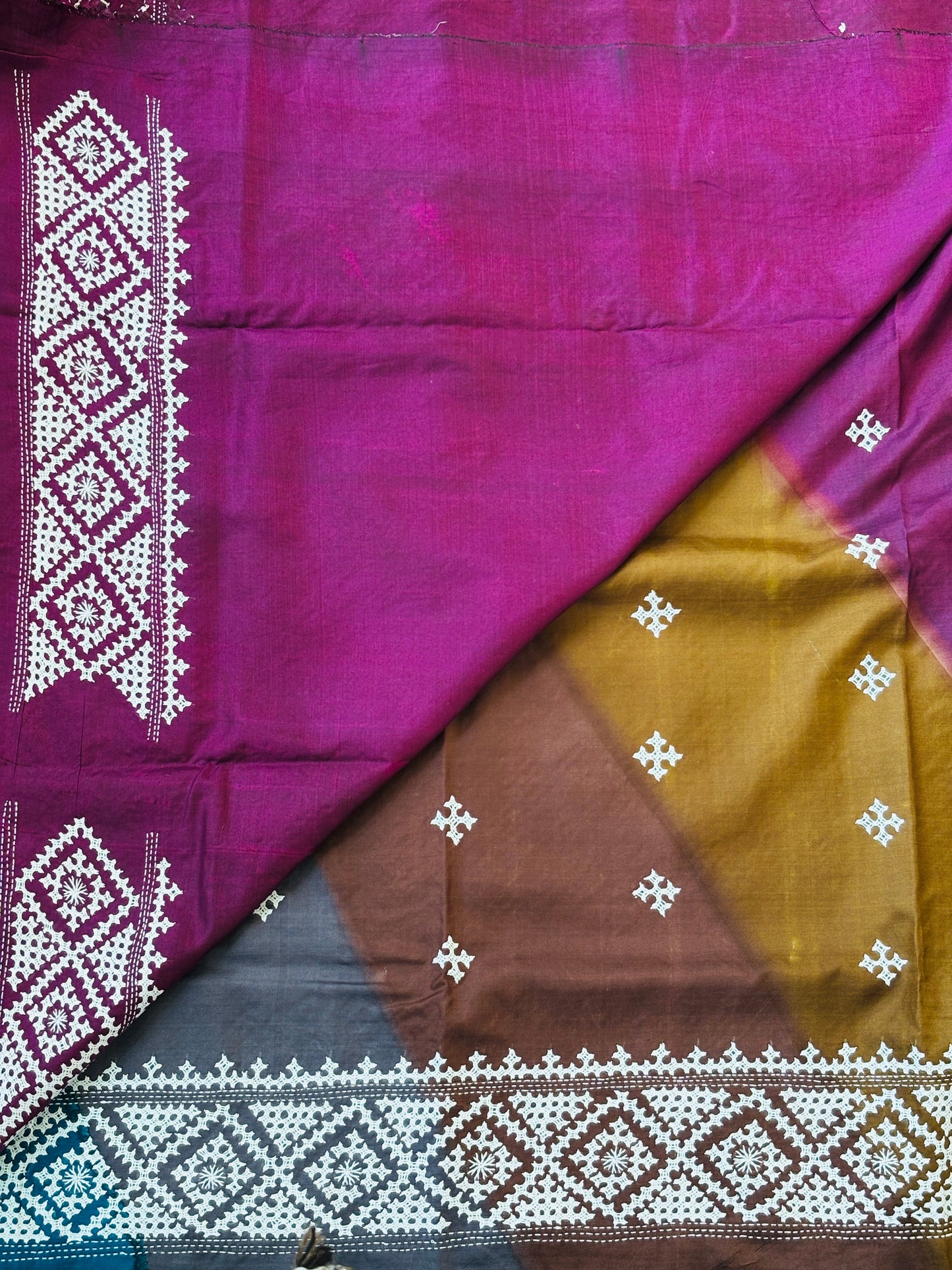 Gujarati Hand Embroidered Pure Bangalore Silk Saree in Multi Colour Tie and Dyed Body and Purple Palla