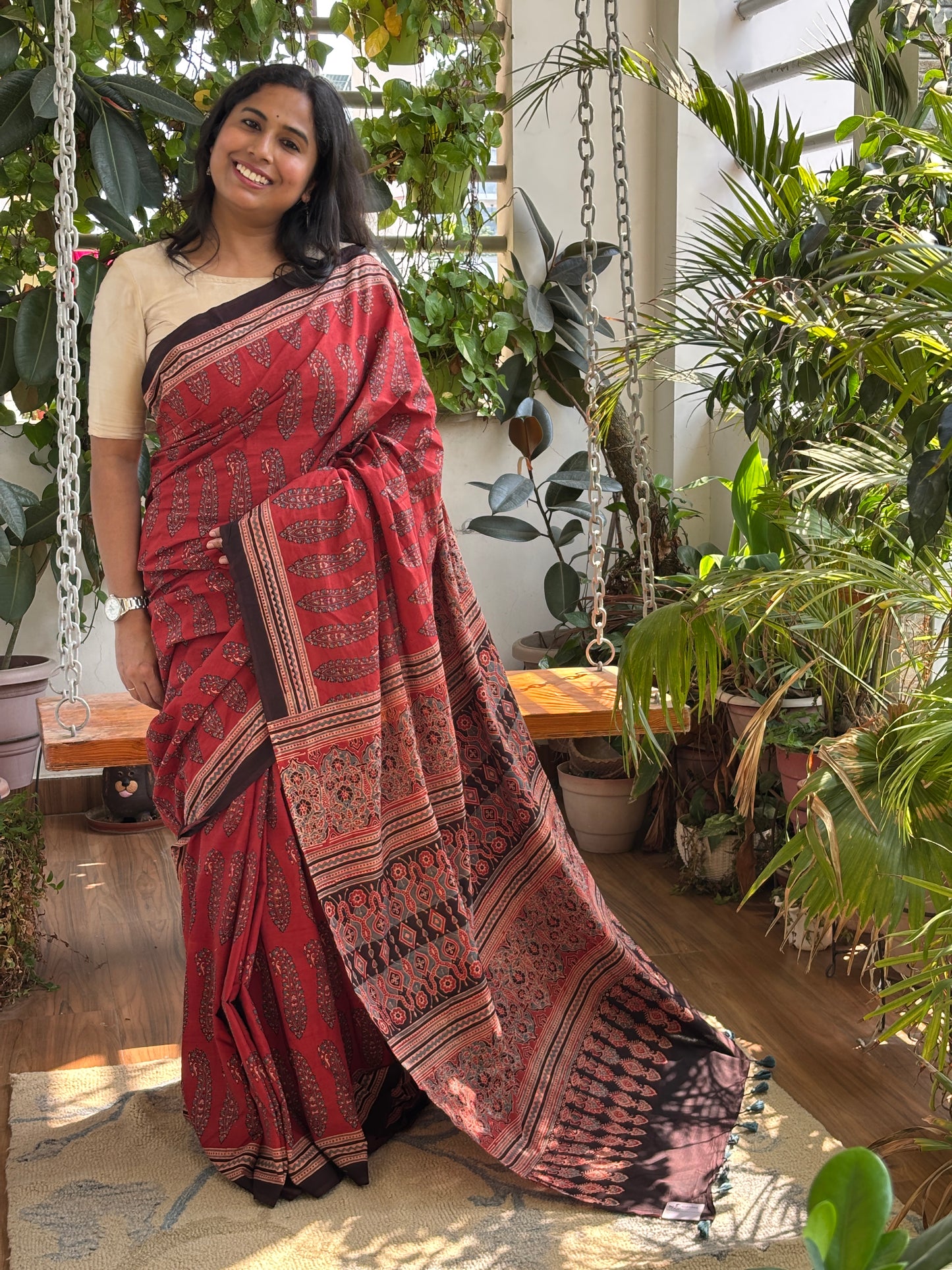 Organic Cotton Ajrakh Hand Block Printed Floral Paisaly Motif