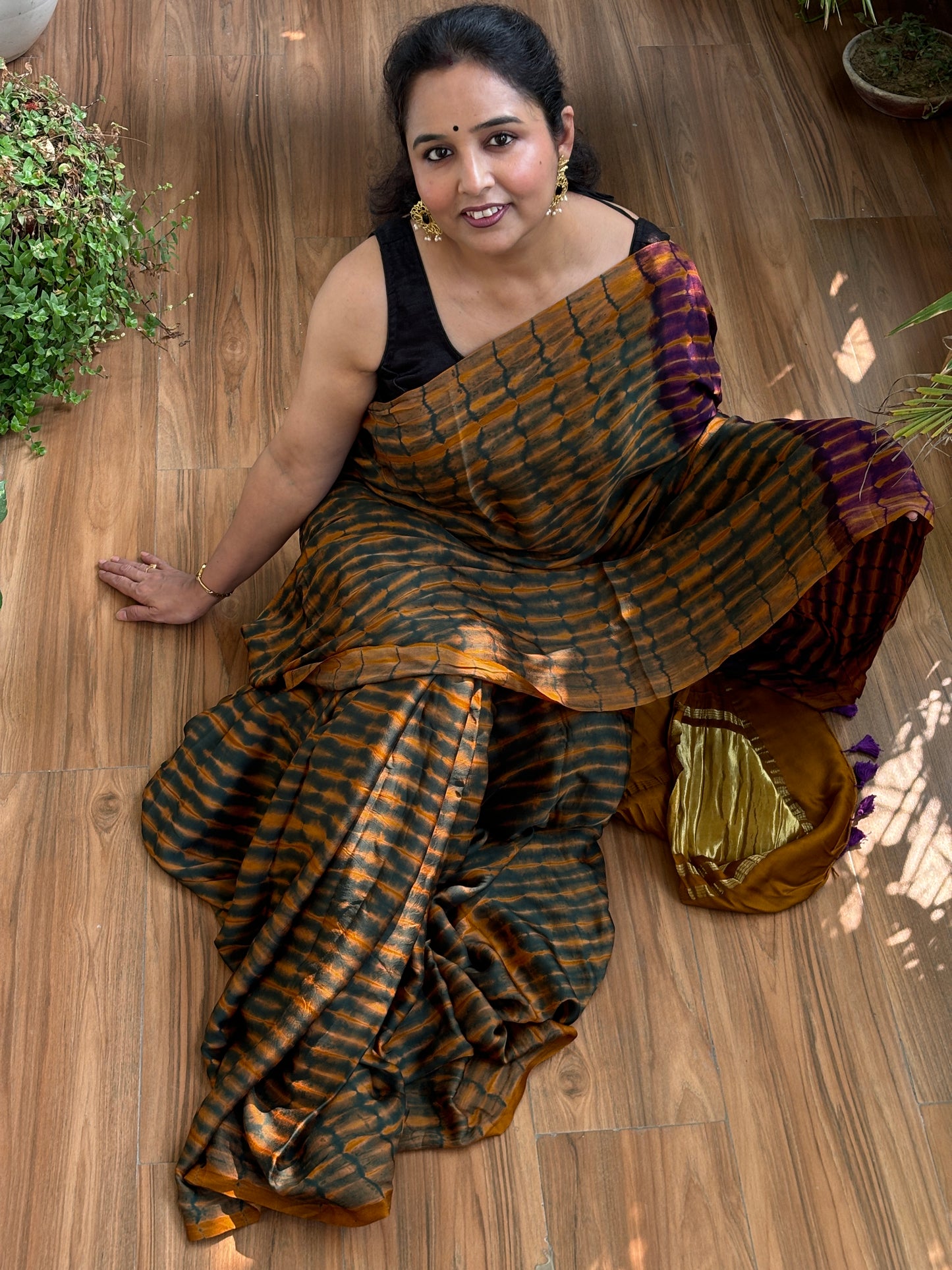 Alpine Green - Hand Shibori Tie and Dye Pure Modal Saree With Lakdi Patta Anchal
