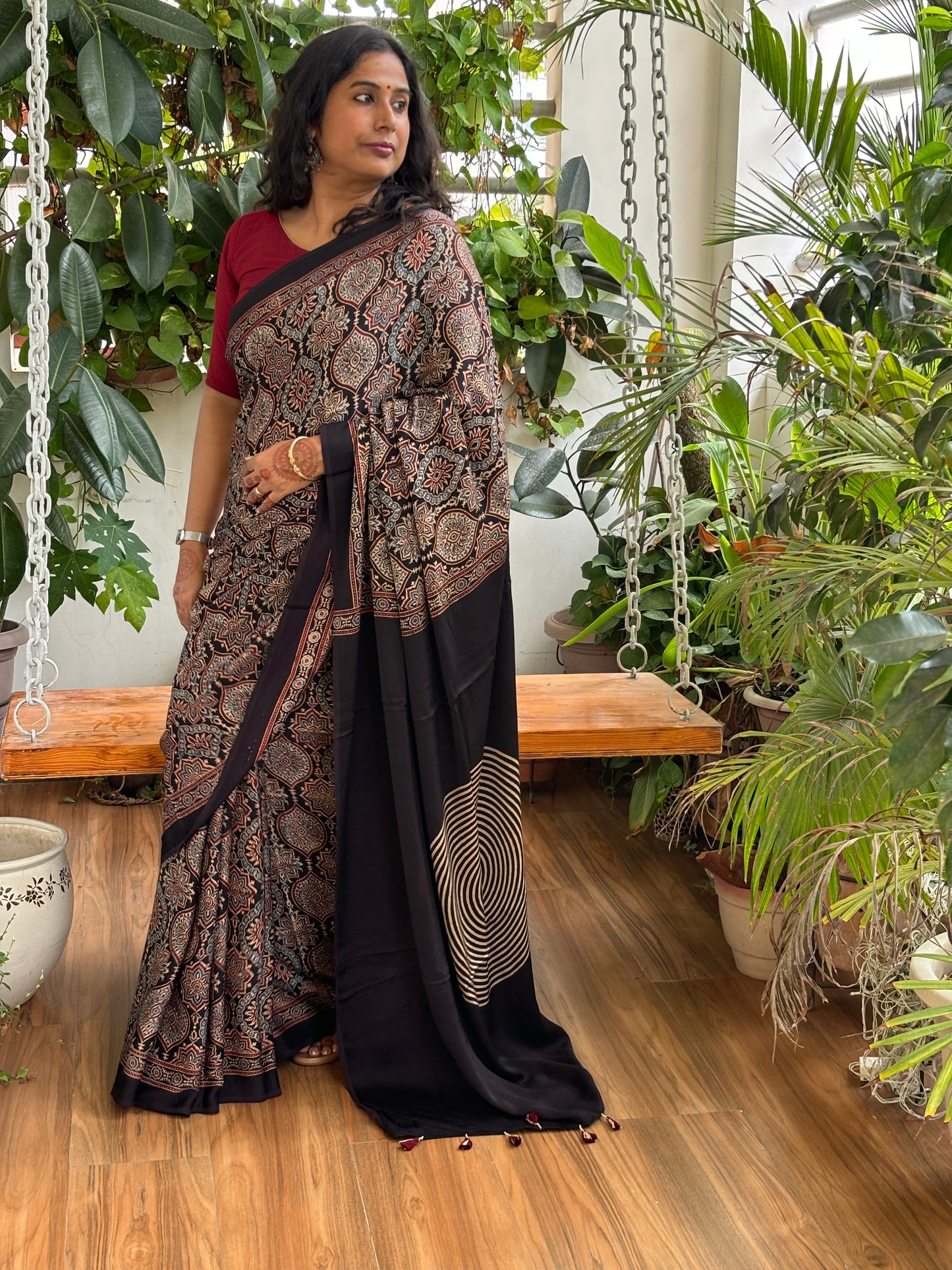 Mausam Ka Jaadu - Natural Dyed Black Colour Ajrakh Traditional Motif Saree with Contemporary Anchal