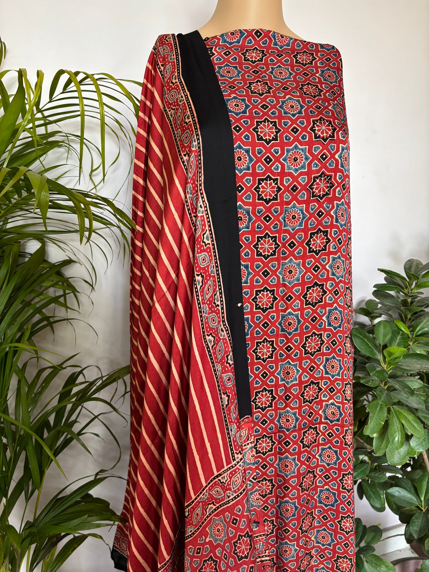 Natural Dyed Ajrakh modal 3 piece suit fabric closer view