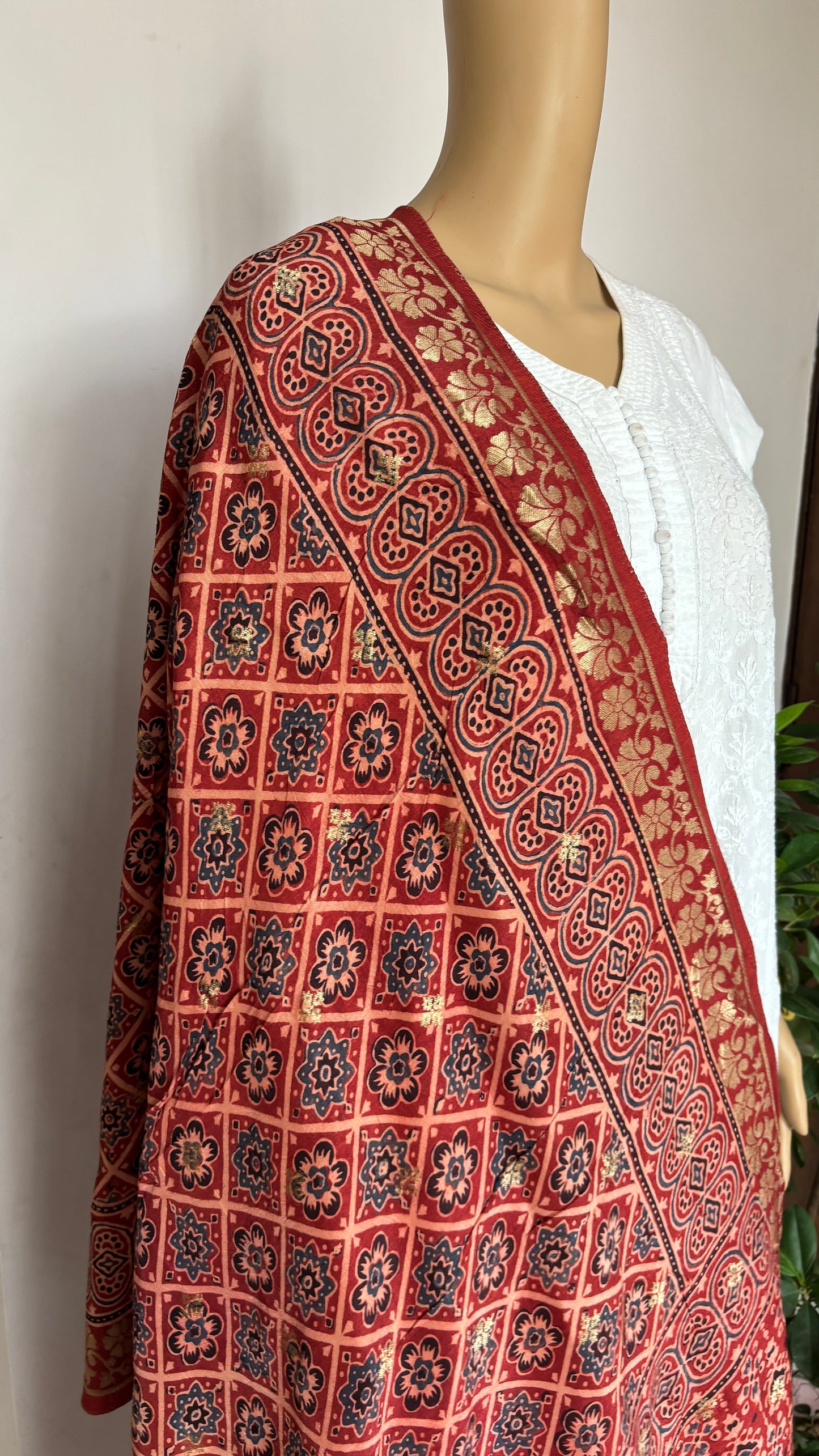 Natural Dyed Madder Colour - Hand Block Ajrakh Dola Silk Dupatta With Zari Weaved Border-6