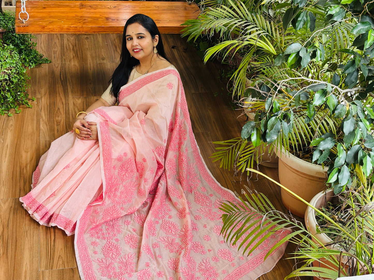 Pink Light Chrushed Candri Cotton Chikankari Hand Embroidered Saree